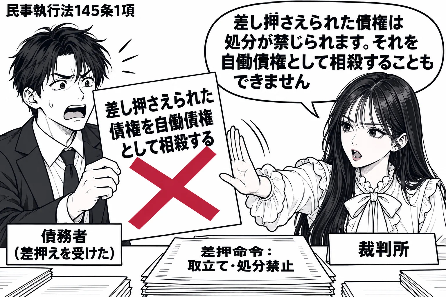 会社の経理室。男性(札「債務者(差押えを受けた)」)が「差し押さえられた債権を自働債権として相殺する」と書いた通知書を掲げ、机の上に「差押命令:取立て・処分禁止」の書面。先生が裁判官役(札「裁判所」)で通知書を押し戻し、吹き出し「差し押さえ