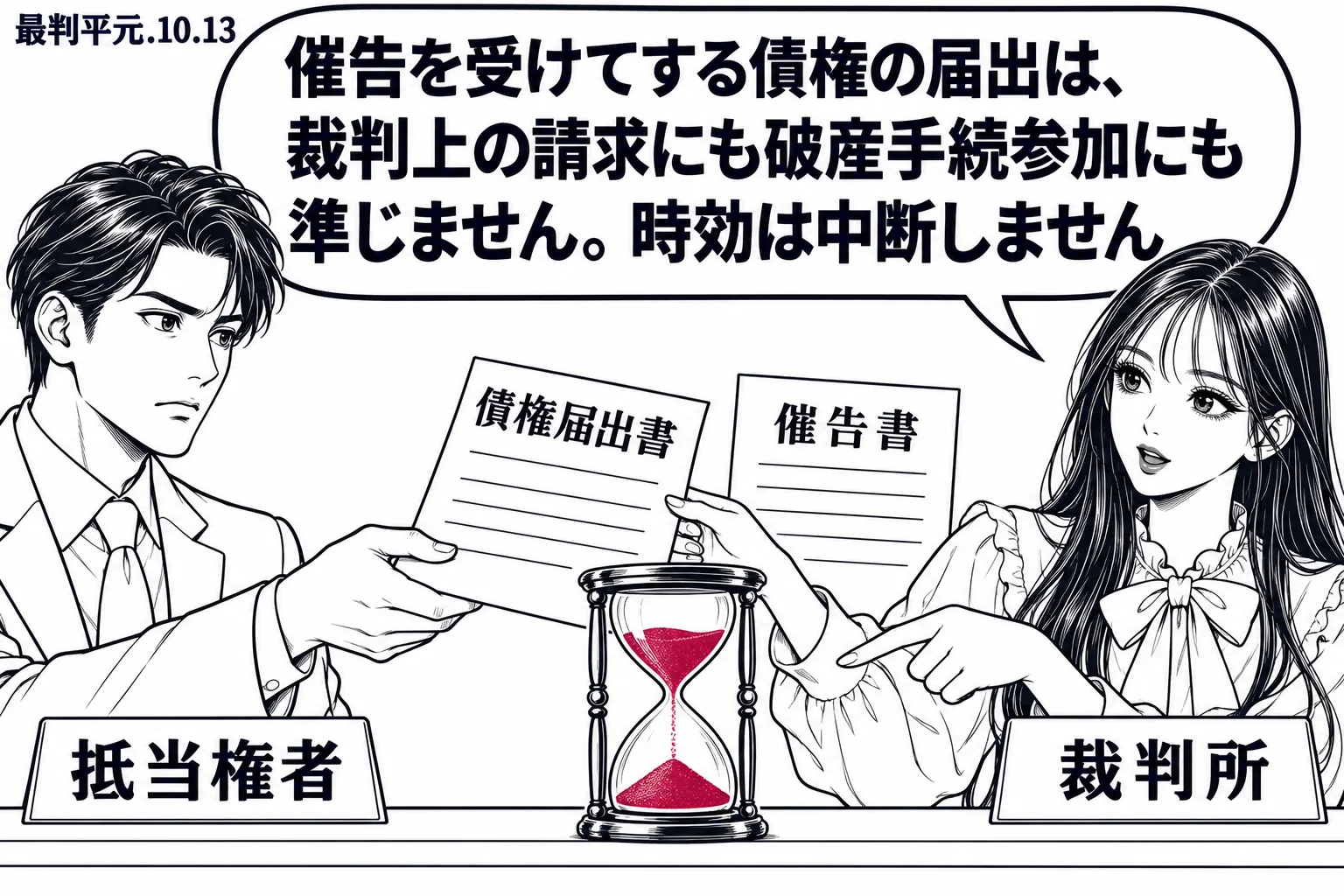 裁判所の受付。男性(札「抵当権者」)が「債権届出書」を差し出し、横に裁判所からの「催告書」が置かれている。足元の砂時計の砂は止まらずに落ちている。先生が裁判所職員役(札「裁判所」)で書類を受け取りながら砂時計を指し、吹き出し「催告を受けてす