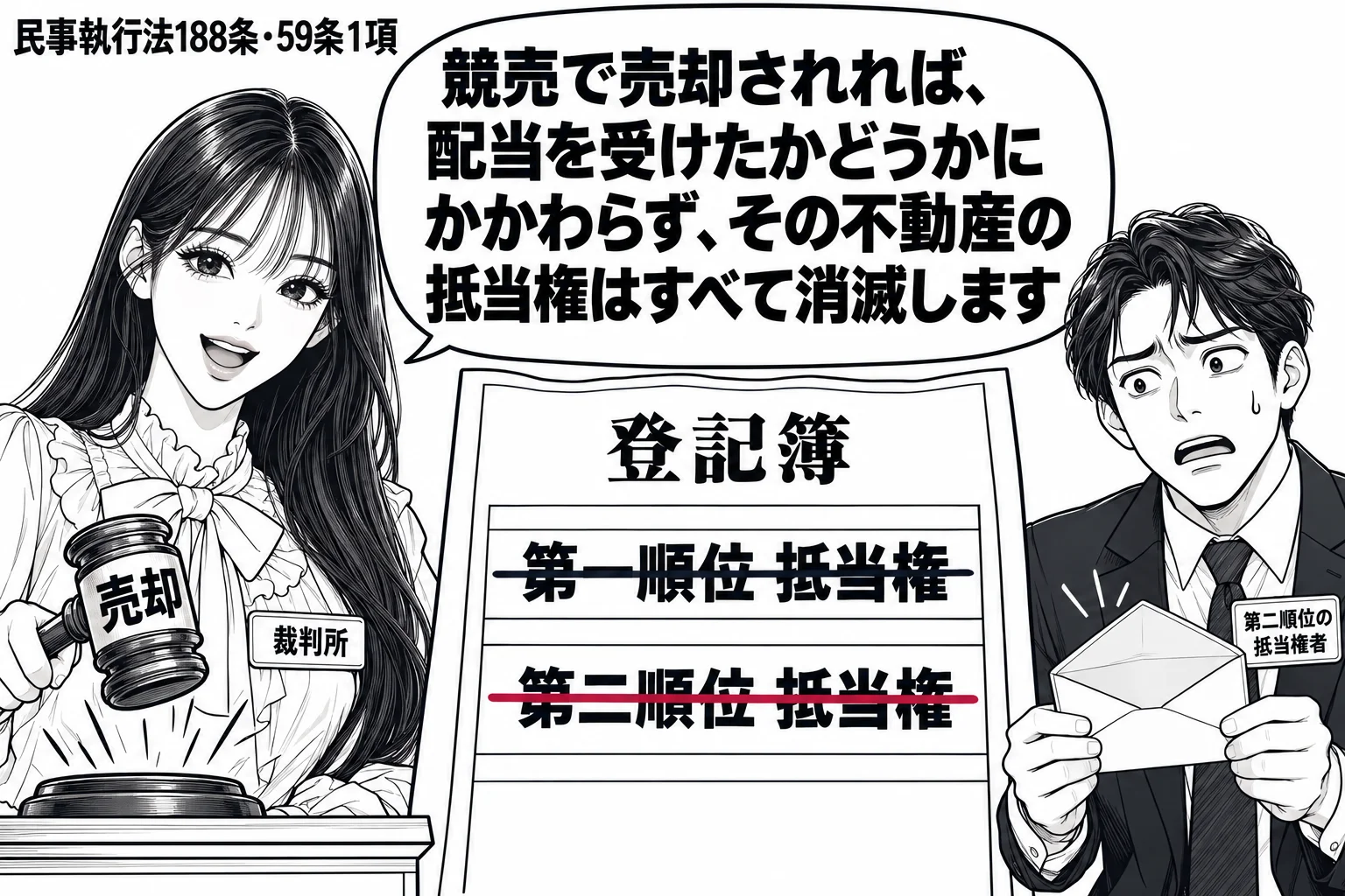 競売の落札の場面。先生が裁判所職員役(札「裁判所」)で「売却」と書かれた木づちを打ち、横の登記簿では「第一順位 抵当権」「第二順位 抵当権」の両方の欄に打消し線が引かれている。隣に男性(札「第二順位の抵当権者」)が空の封筒を持って立っている