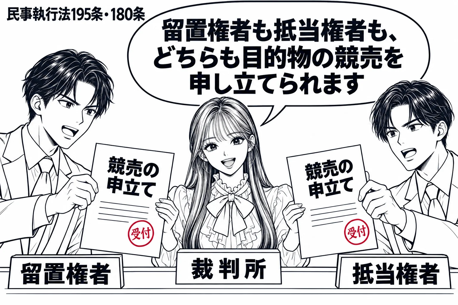 裁判所の受付。男性(札「留置権者」)が「競売の申立て」と書かれた書類を差し出し、その隣に別の窓口で男性(札「抵当権者」)が同じ「競売の申立て」の書類を出している。先生が裁判所職員役(札「裁判所」)で二つの書類を受け取り、吹き出し「留置権者も