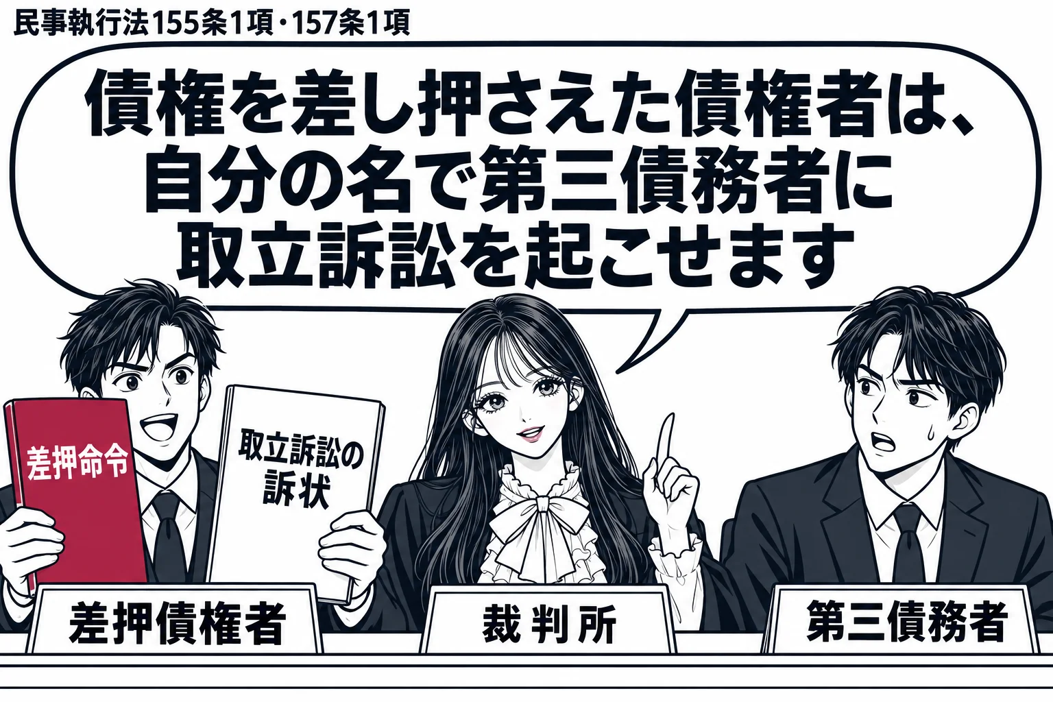 民事の法廷の場面。原告席に男性(札「差押債権者」)が立ち、手に「差押命令」と「取立訴訟の訴状」を持っている。被告席に男性(札「第三債務者」)。法壇に先生が裁判官役(札「裁判所」)。先生の吹き出し「債権を差し押さえた債権者は、自分の名で第三債