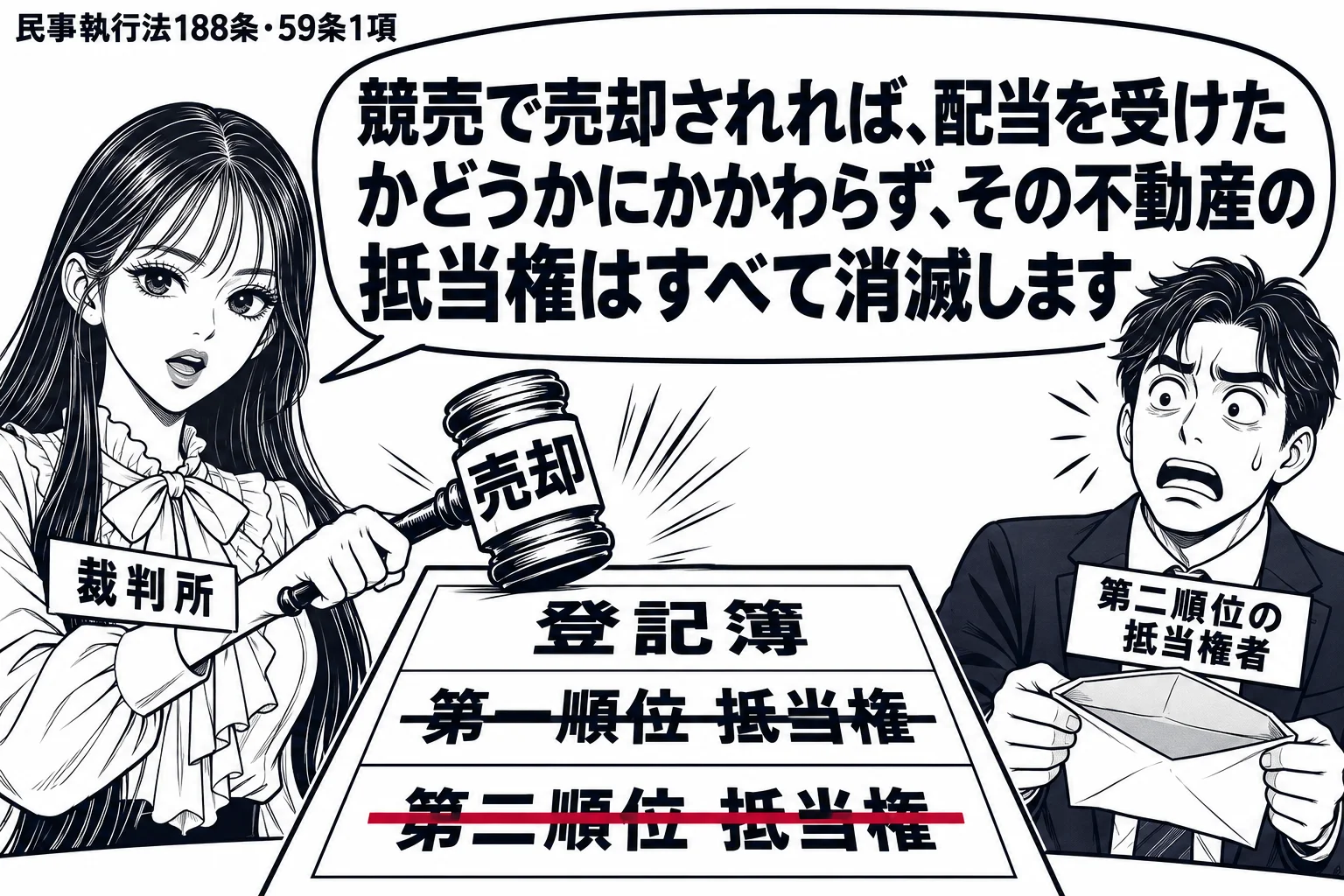 競売の落札の場面。先生が裁判所職員役(札「裁判所」)で「売却」と書かれた木づちを打ち、横の登記簿では「第一順位 抵当権」「第二順位 抵当権」の両方の欄に打消し線が引かれている。隣に男性(札「第二順位の抵当権者」)が空の封筒を持って立っている