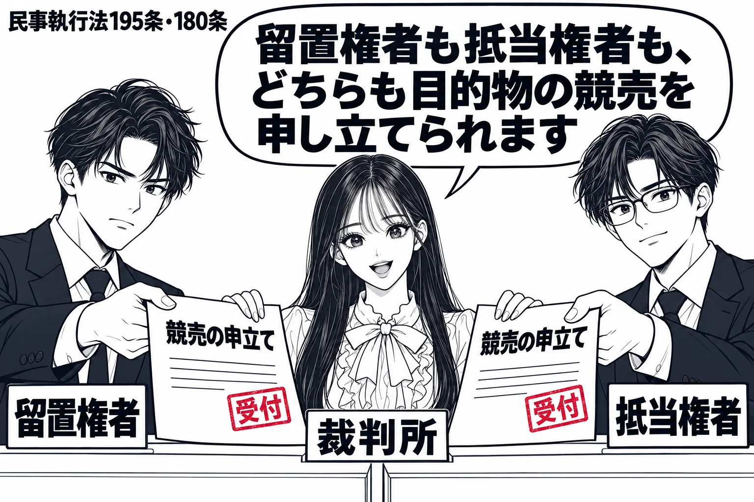 裁判所の受付。男性(札「留置権者」)が「競売の申立て」と書かれた書類を差し出し、その隣に別の窓口で男性(札「抵当権者」)が同じ「競売の申立て」の書類を出している。先生が裁判所職員役(札「裁判所」)で二つの書類を受け取り、吹き出し「留置権者も