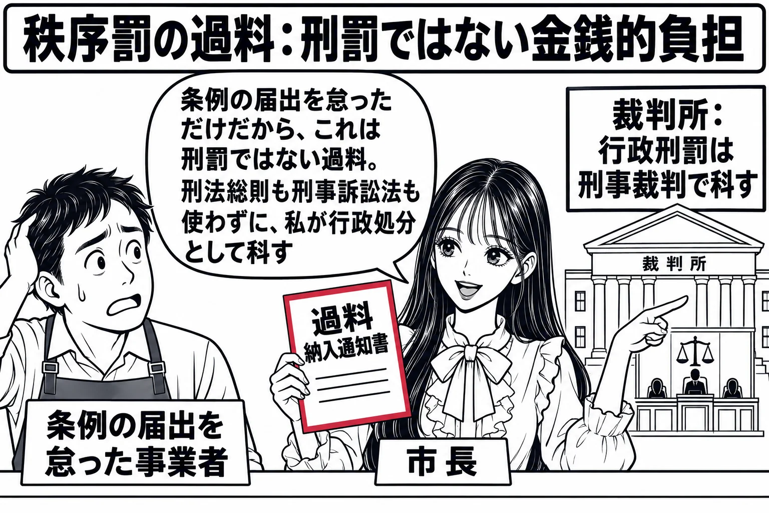 役所の窓口の場面。先生が市長役（札「市長」）でカウンターの内側に立ち、左手に「過料 納入通知書」と書いた紙、右手で奥の建物を指している。カウンターの手前に、条例で定められた届出をし忘れた店主の男性（札「条例の届出を怠った事業者」）が困った顔