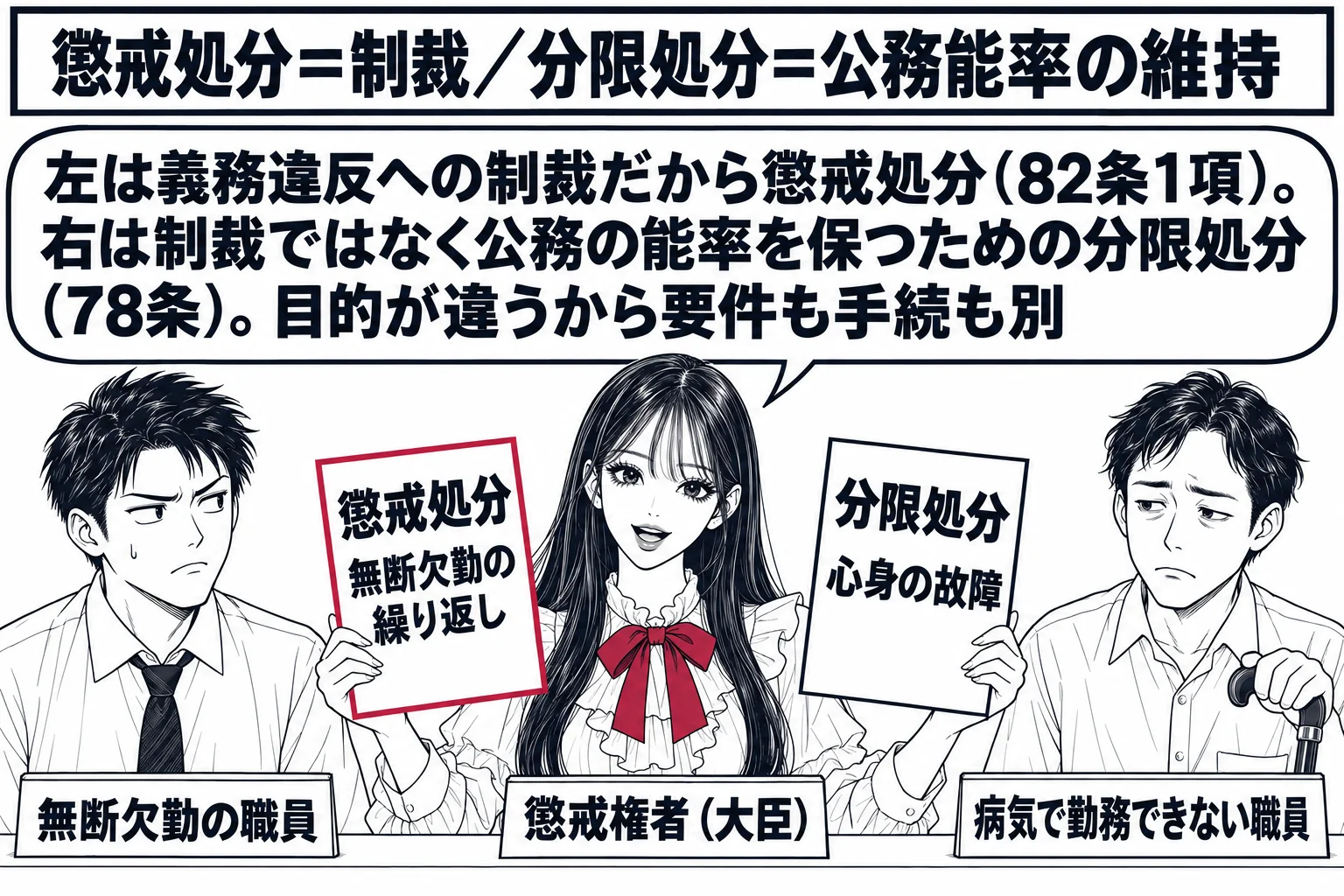 役所の人事課の場面。先生が懲戒権者役（札「懲戒権者（大臣）」）で机に座り、左右に2枚の書類を持っている。左の書類は深紅の枠で「懲戒処分　無断欠勤の繰り返し」、右の書類は墨線で「分限処分　心身の故障」。左に職員の男性（札「無断欠勤の職員」）、