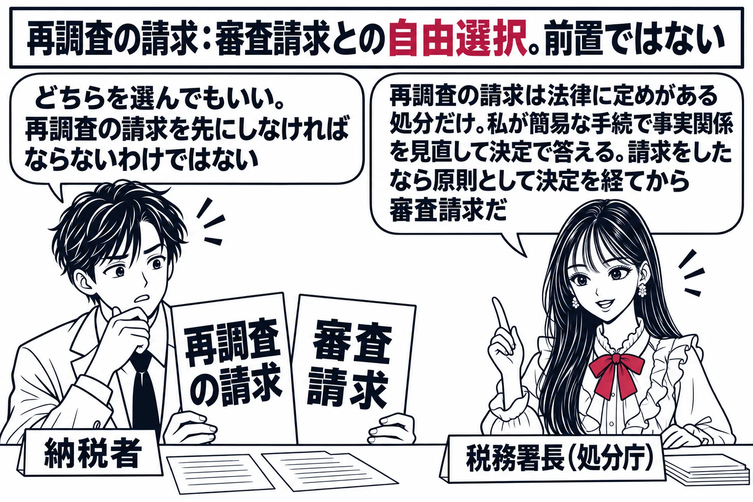 税務署の窓口の場面。先生が税務署長役（札「税務署長（処分庁）」）で机に着き、左に納税者の男性（札「納税者」）が「再調査の請求」「審査請求」と書かれた二つの札の前で片方を選ぼうとしている。男性の吹き出し「どちらを選んでもいい。再調査の請求を先