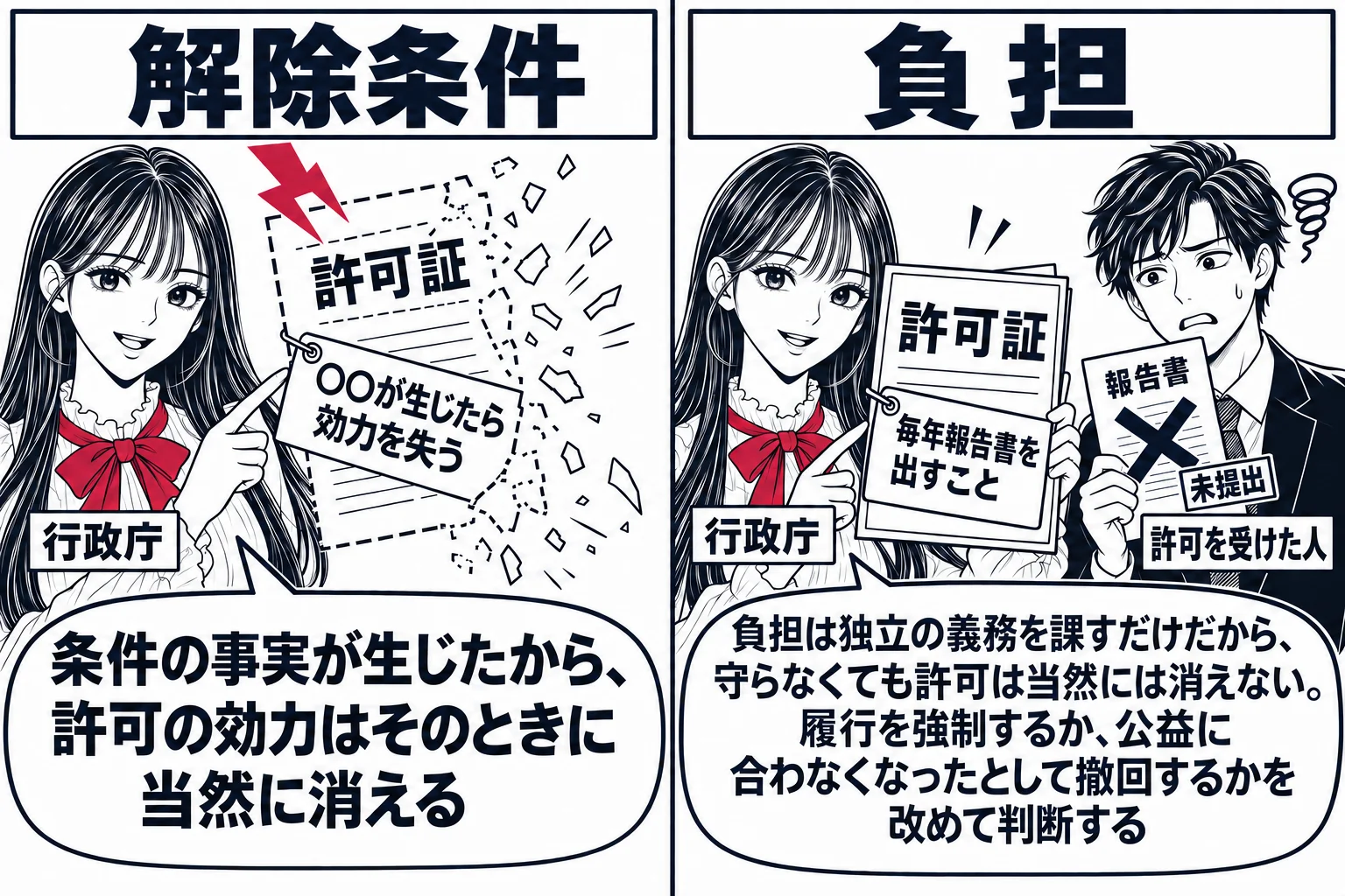 左右対比。上部の看板は左「解除条件」右「負担」。左: 先生が行政庁役（札「行政庁」）で許可証を持ち、許可証に「○○が生じたら効力を失う」の札。その事実が生じた瞬間を表す稲妻の絵とともに許可証が自動的に消えかけていて、先生の吹き出し「条件の事