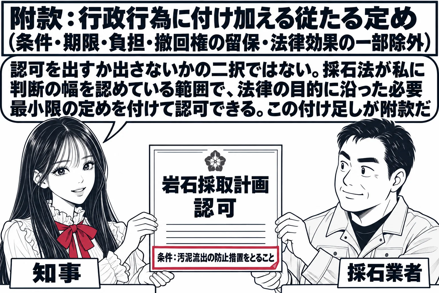 県庁の窓口の場面。先生が知事役（札「知事」）で「岩石採取計画 認可」と書かれた認可証を採石業者の男性（札「採石業者」）に手渡している。認可証の下端に小さな付箋のような札が付いていて、そこに「条件：汚泥流出の防止措置をとること」と書かれている