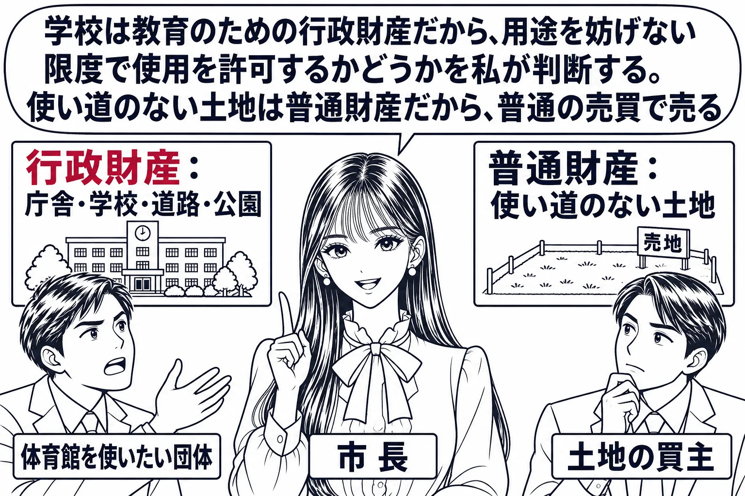 市役所の財産管理課の場面。先生が市長役（札「市長」）で、左右二枚の看板の間に立っている。左の看板「行政財産：庁舎・学校・道路・公園」の下に校舎の小さな絵、右の看板「普通財産：使い道のない土地」の下に空き地の小さな絵。左に市民団体の男性（札「