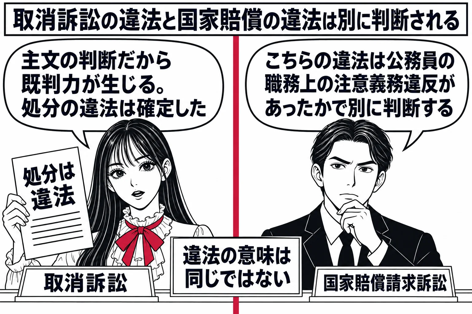 二つの法廷を左右に並べた場面。左の法廷は先生が裁判官役（札「取消訴訟」）で判決書「処分は違法」を掲げ、吹き出し「主文の判断だから既判力が生じる。処分の違法は確定した」。右の法廷は別の裁判官の男性（札「国家賠償請求訴訟」）で、吹き出し「こちら