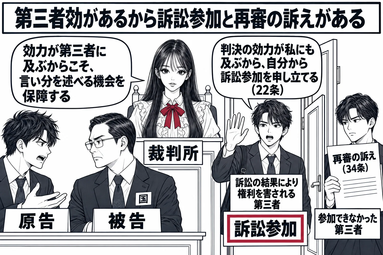 先生が裁判官役（札「裁判所」）で中央の法壇。左下に原告の男性（札「原告」）と役人の男性（札「被告」）が向かい合う。右から第三者の男性（札「訴訟の結果により権利を害される第三者」）が法廷の扉から入ってきて手を挙げ、吹き出し「判決の効力が私にも