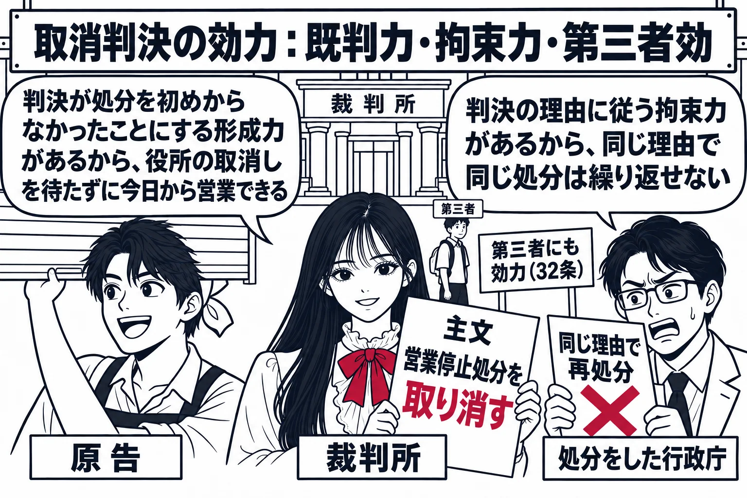 裁判所の前の場面。先生が裁判官役（札「裁判所」）で「主文　営業停止処分を取り消す」と書いた判決書を掲げる。左に店主の男性（札「原告」）が店のシャッターを開けており、吹き出し「判決が処分を初めからなかったことにする形成力があるから、役所の取消