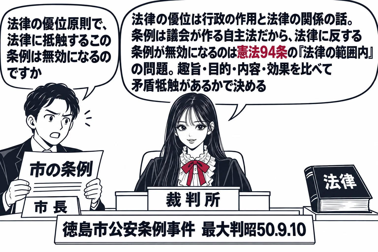 先生が裁判官役（札「裁判所」）で中央の法壇に座っている。左に市長の男性（札「市長」）が「市の条例」と書いた紙を持ち、吹き出し「法律の優位原則で、法律に抵触するこの条例は無効になるのですか」。右の机に「法律」と書かれた本。先生の吹き出し「法律