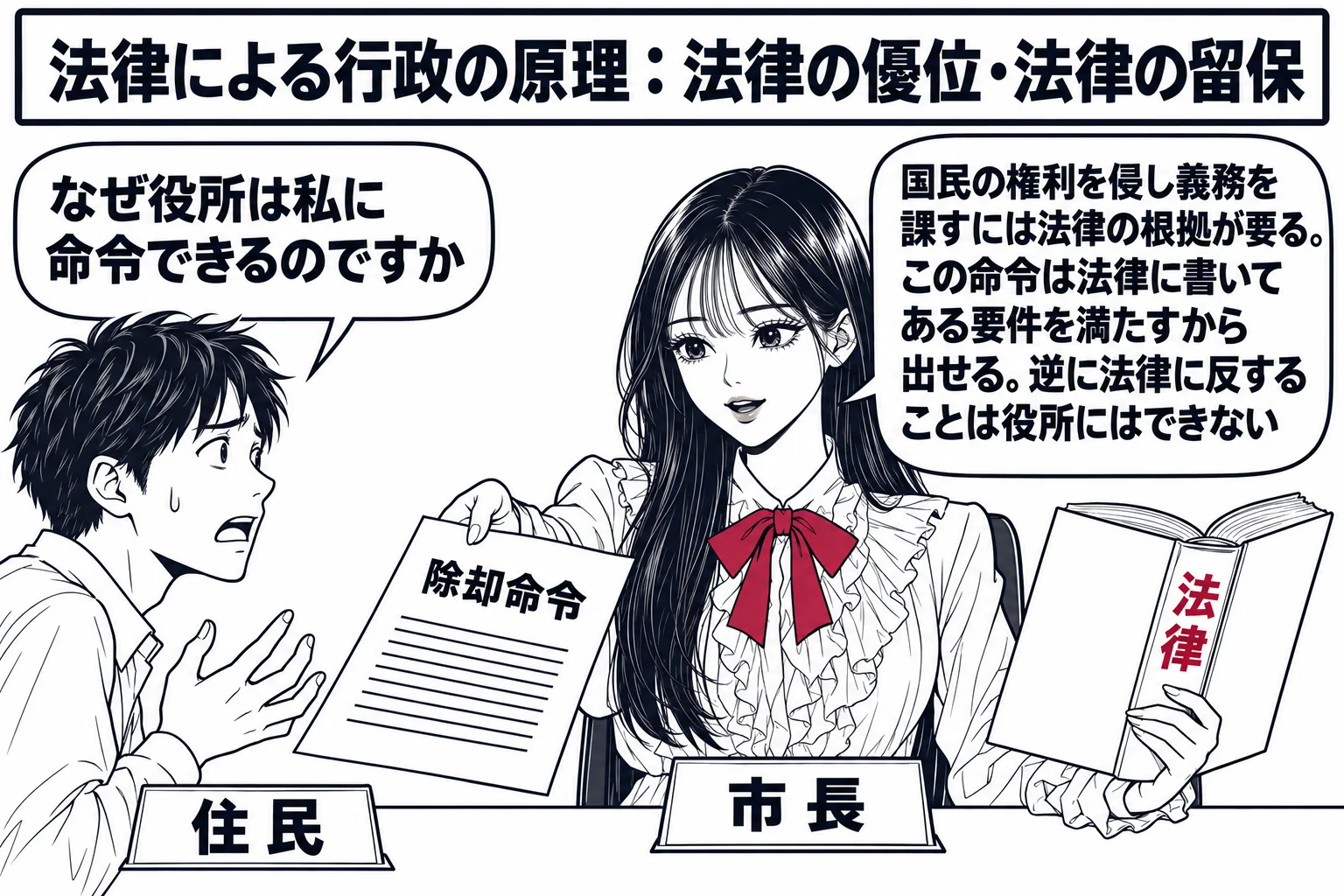 市役所の窓口の場面。先生が市長役（札「市長」）で机に着き、左手に背表紙に「法律」と書かれた厚い本を開き、右手で「除却命令」と書かれた紙を差し出している。カウンターの向こうに困った顔の男性（札「住民」）が立ち、吹き出し「なぜ役所は私に命令でき
