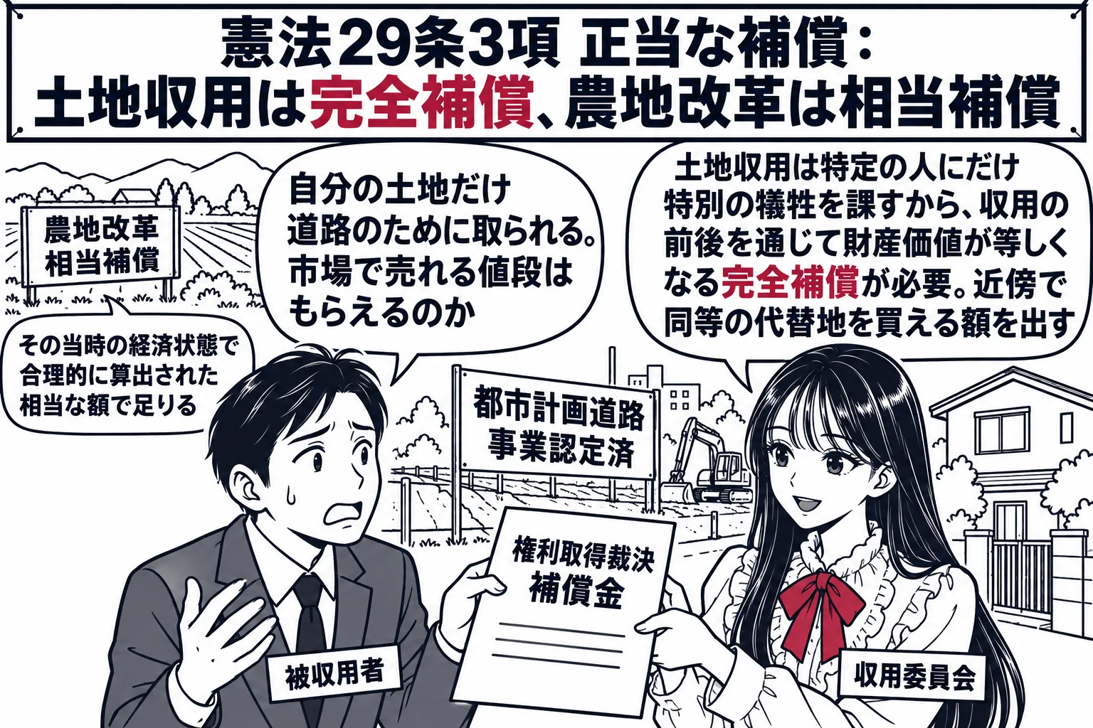 道路工事の看板「都市計画道路 事業認定済」が立つ土地の前の場面。先生が収用委員会の委員役（札「収用委員会」）で、「権利取得裁決　補償金」と書かれた書面を、自宅の土地の前に立つ土地所有者の男性（札「被収用者」）に手渡している。男性の吹き出し「