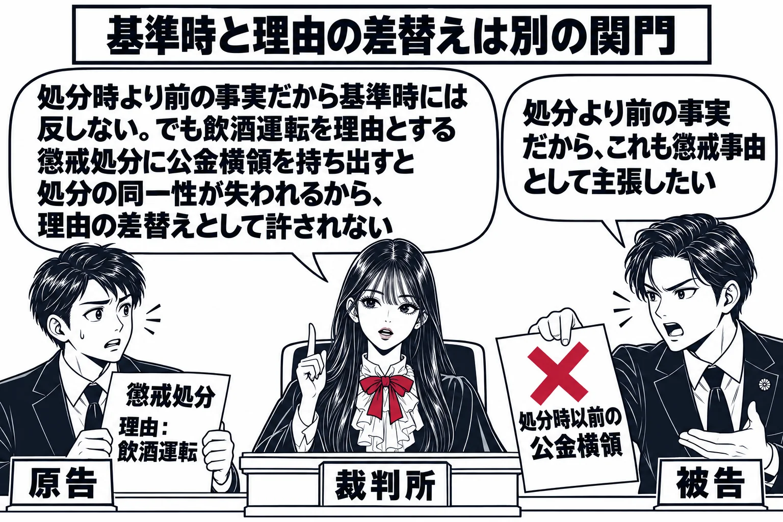 法廷の場面。先生が裁判官役（札「裁判所」）で法壇に座る。左に公務員の男性（札「原告」）と「懲戒処分　理由：飲酒運転」の書類。右に役所側の代理人の男性（札「被告」）が「処分時以前の公金横領」と書いた新しい紙を差し出し、吹き出し「処分より前の事