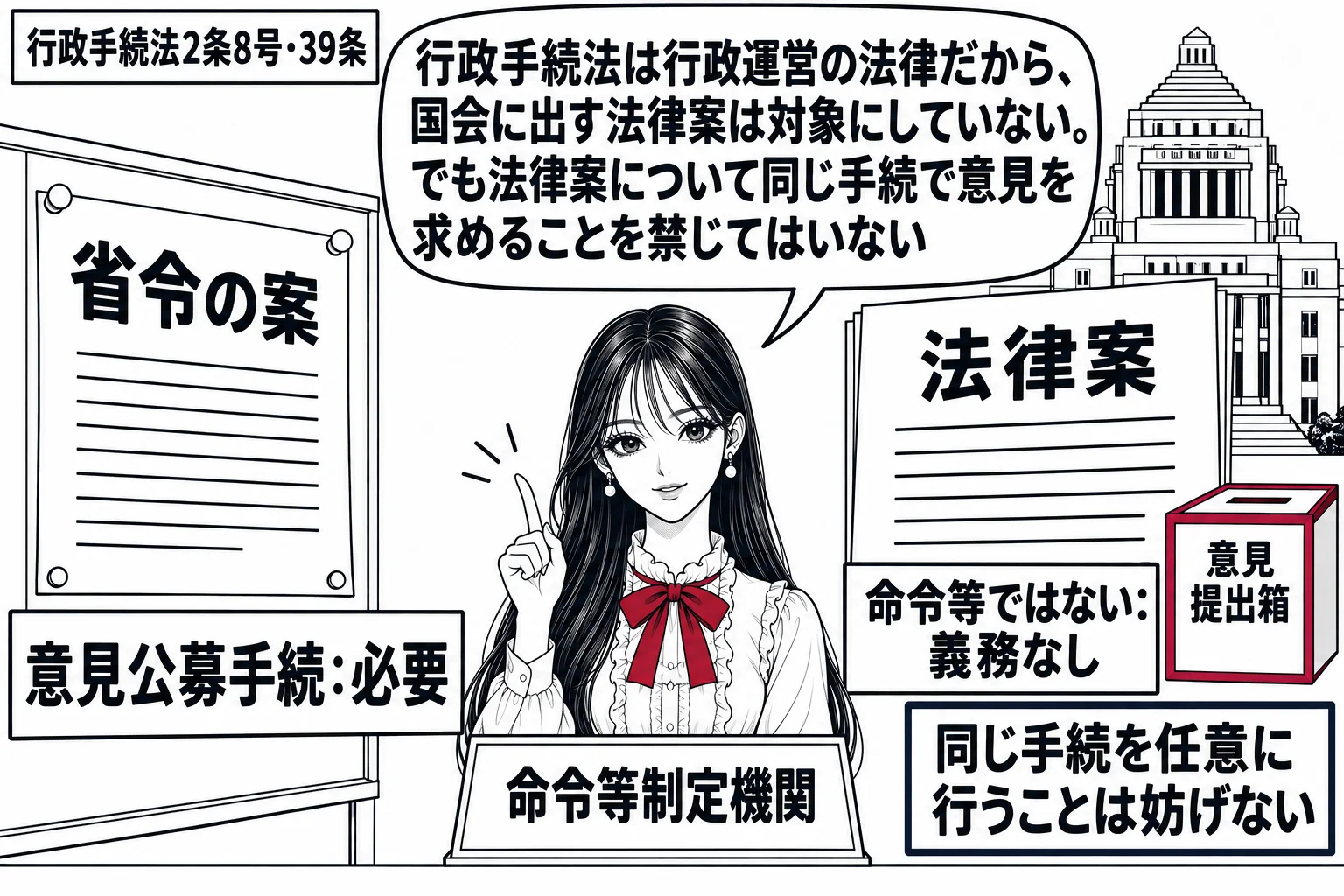 先生が大臣役（札「命令等制定機関」）で中央。左に「省令の案」の紙が掲示板に貼られ、札「意見公募手続：必要」。右に「法律案」の紙が国会議事堂の絵の前に置かれ、札「命令等ではない：義務なし」。ただし右の紙の脇にも小さな投函箱が置かれ、札「同じ手