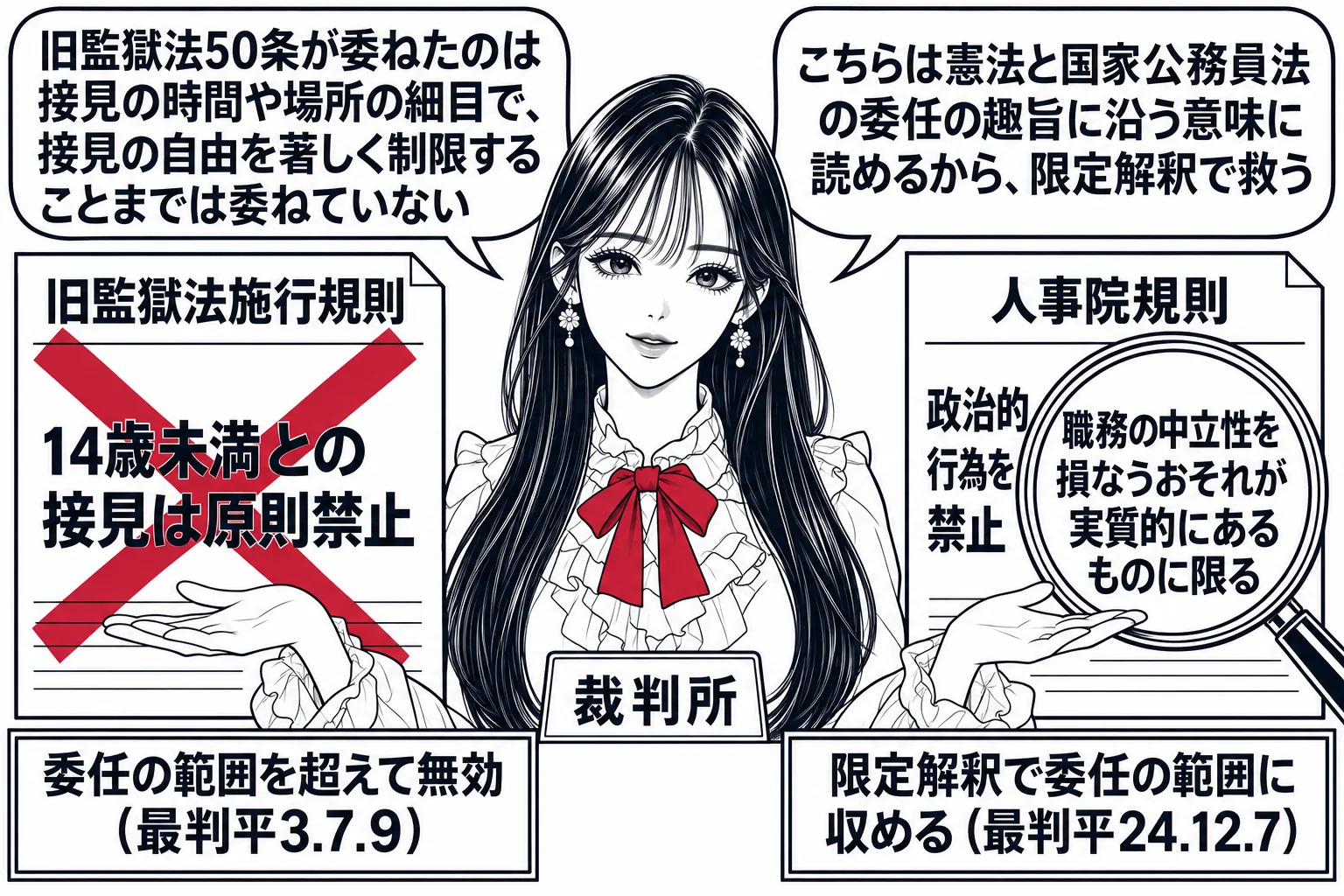 左右対比。先生が裁判官役（札「裁判所」）で中央に立ち、両手を左右に広げている。左: 「旧監獄法施行規則」と書かれた紙に「14歳未満との接見は原則禁止」と書かれ、その紙全体に深紅の×印、下に札「委任の範囲を超えて無効（最判平3.7.9）」。先