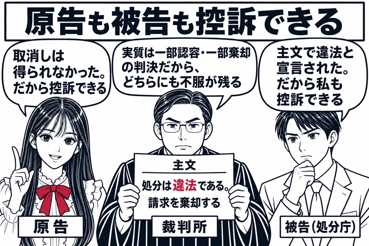中央に裁判官の男性（札「裁判所」）が判決書「主文　処分は違法である。請求を棄却する」を掲げる。左に先生が原告役（札「原告」）で吹き出し「取消しは得られなかった。だから控訴できる」。右に役人の男性（札「被告（処分庁）」）で吹き出し「主文で違法