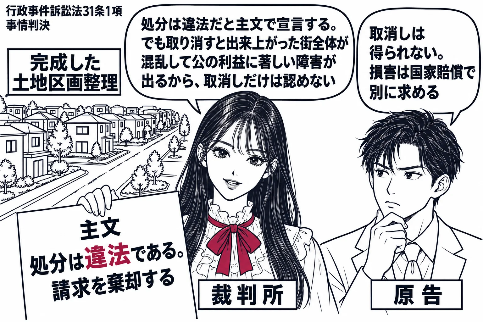 先生が裁判官役（札「裁判所」）が判決書を掲げ、判決書に大きく「主文　処分は違法である。請求を棄却する」。先生の吹き出し「処分は違法だと主文で宣言する。でも取り消すと出来上がった街全体が混乱して公の利益に著しい障害が出るから、取消しだけは認め