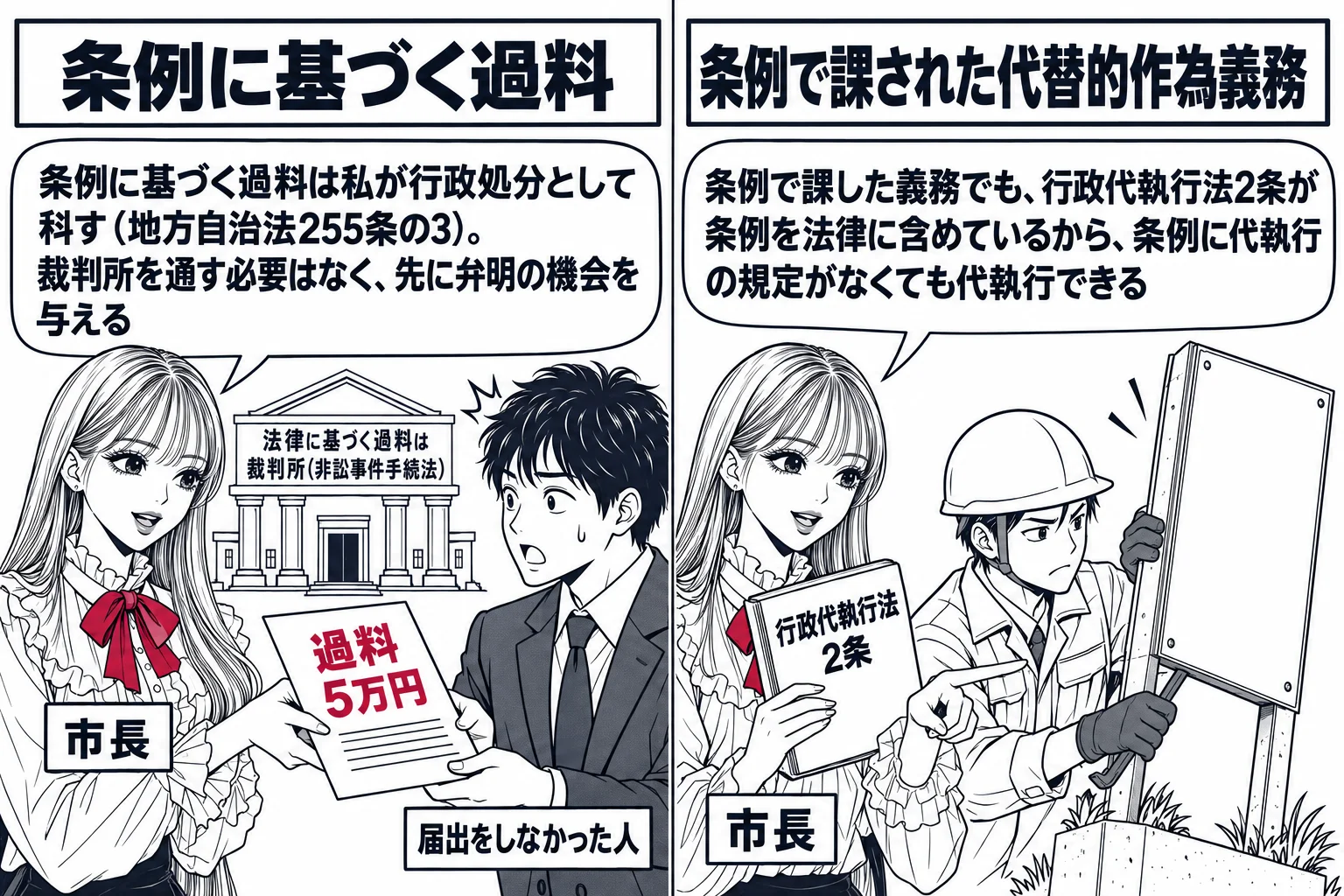 左右対比。上部の看板は左「条例に基づく過料」右「条例で課された代替的作為義務」。左: 先生が市長役（札「市長」）が「過料 5万円」と書かれた処分書を住民の男性（札「届出をしなかった人」）に渡し、吹き出し「条例に基づく過料は私が行政処分として
