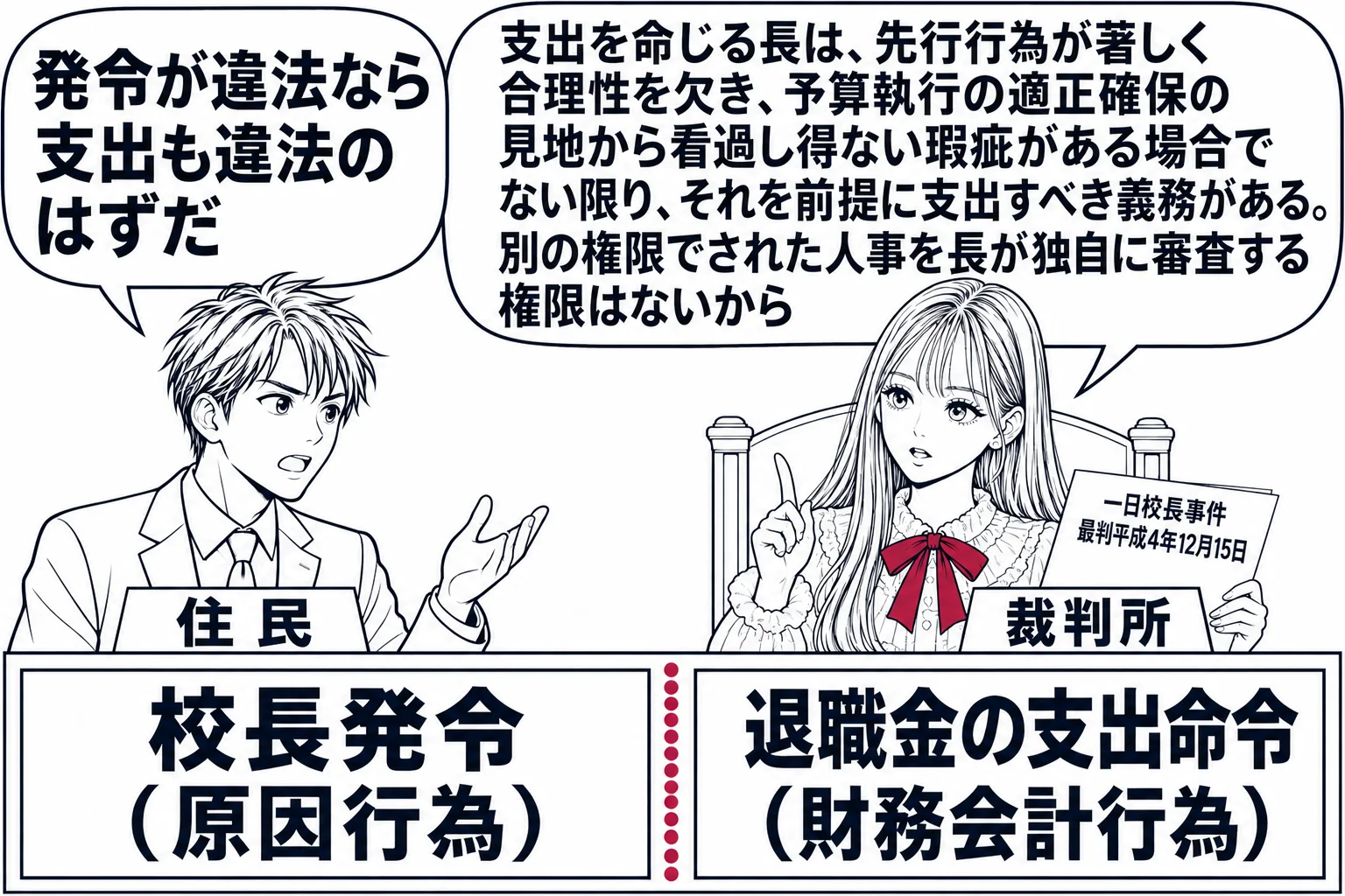 法廷の場面。先生が裁判官役（札「裁判所」）で法壇に座り、手元に「一日校長事件　最判平成4年12月15日」と書いた判例カードを置いている。法壇の前に二枚の紙が横に並び、左「校長発令（原因行為）」、右「退職金の支出命令（財務会計行為）」で、その