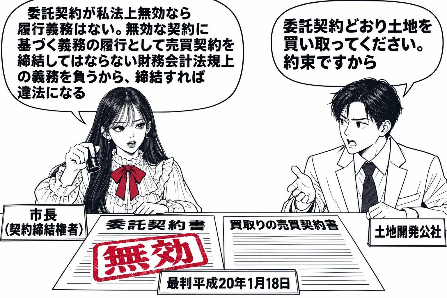 市役所の契約担当の場面。先生が市長役（札「市長（契約締結権者）」）で机に座り、目の前の「委託契約書」に深紅で大きく「無効」の判が押されている。隣に「買取りの売買契約書」が置かれ、先生はそれに判を押す手を止めている。土地開発公社の職員の男性（