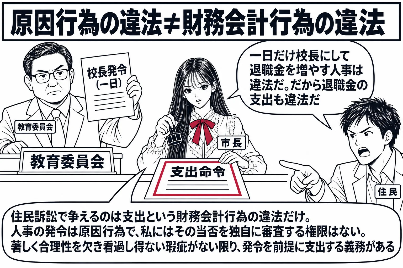 市役所の場面。先生が市長役（札「市長」）で「支出命令」と書かれた書類に判を押そうとしている。左奥に教育委員会の机（看板「教育委員会」）で「校長発令（一日）」と書かれた辞令を掲げる男性（札「教育委員会」）。右に市民の男性（札「住民」）が指をさ