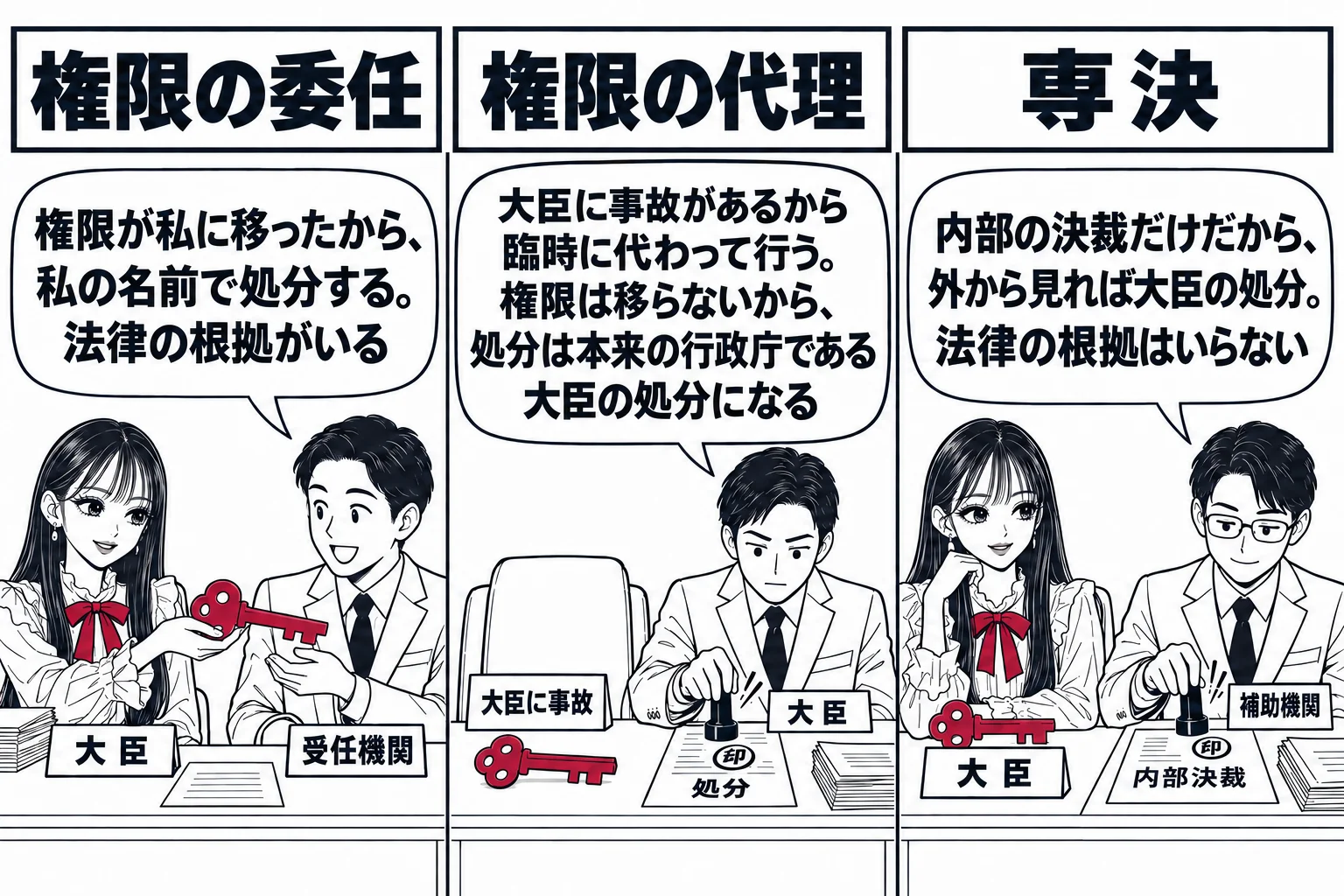 三つの机を横に並べ、それぞれ上に看板「権限の委任」「権限の代理」「専決」。権限は深紅の鍵で表す。左: 先生が大臣役（札「大臣」）で鍵を隣の職員の男性に渡し、職員の名札は「受任機関」、職員の吹き出し「権限が私に移ったから、私の名前で処分する。