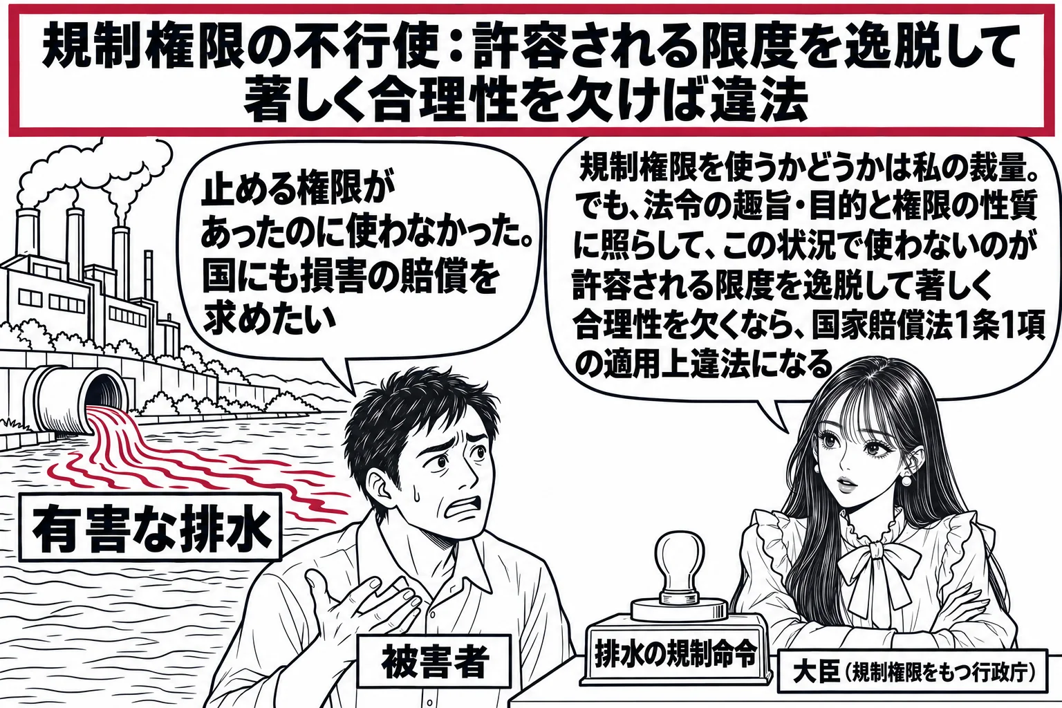 川べりに建つ工場から排水管が川へ伸び、川面に「有害な排水」の札がある場面。先生が大臣役（札「大臣（規制権限をもつ行政庁）」）で、机の上に「排水の規制命令」と書いた判を置いたまま腕を組んでいる。川下で被害を受けた住民の男性（札「被害者」）が、