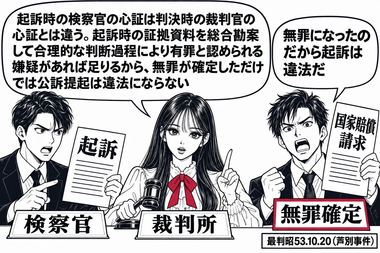 法廷の場面。先生が裁判官役（札「裁判所」）で中央。左に検察官の男性（札「検察官」）が「起訴」と書かれた書類を持ち、右に被告人だった男性（札「無罪確定」）が「国家賠償請求」と書かれた紙を掲げ、吹き出し「無罪になったのだから起訴は違法だ」。先生