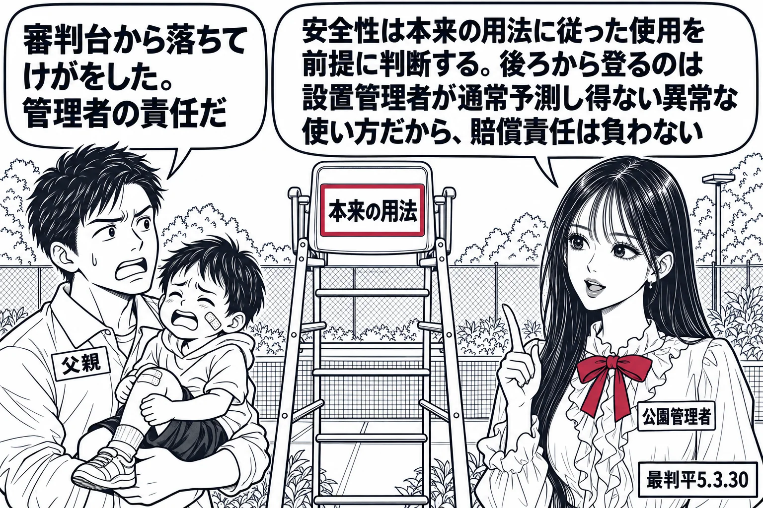 公園の場面。先生が公園管理者役（札「公園管理者」）で、テニスコート脇の審判台のそばに立ち、審判台の後ろ側から登ろうとして転んだ幼児と、その父親の男性（札「父親」）が幼児を抱えている。父親の吹き出し「審判台から落ちてけがをした。管理者の責任だ