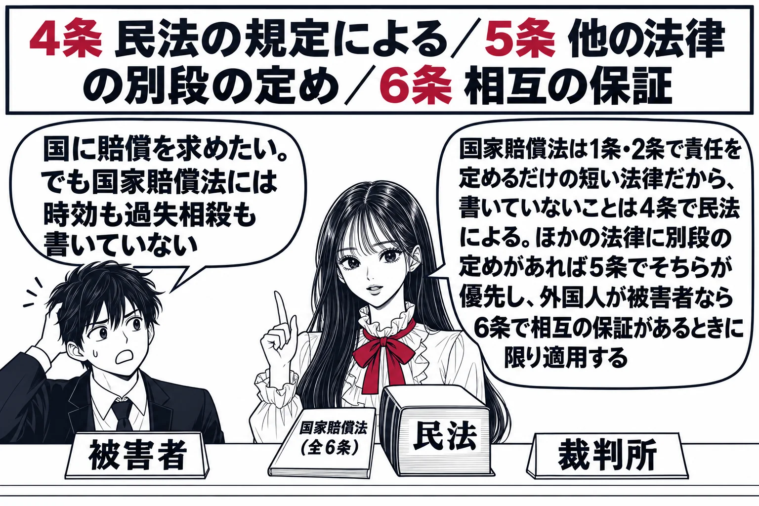 裁判所の法廷の場面。先生が裁判官役（札「裁判所」）で、机の上に薄い冊子「国家賠償法（全6条）」と厚い本「民法」を並べて置いている。手前に原告の男性（札「被害者」）が立ち、吹き出し「国に賠償を求めたい。でも国家賠償法には時効も過失相殺も書いて