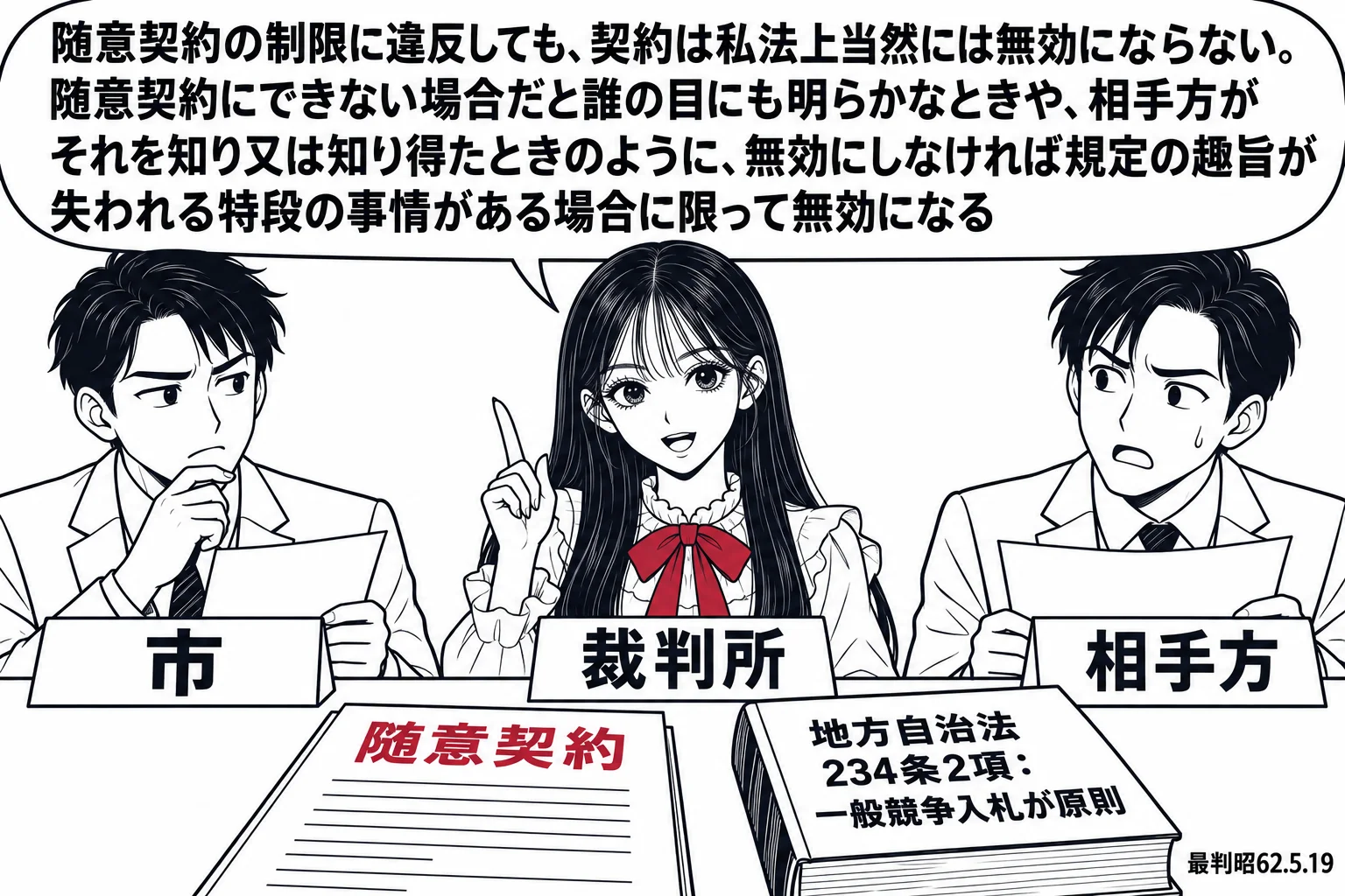 市役所の契約室の場面。先生が裁判官役（札「裁判所」）で中央に立ち、机の上に「随意契約」と書かれた契約書が置かれている。左に市の職員の男性（札「市」）、右に契約の相手方の業者の男性（札「相手方」）。契約書の脇に「地方自治法234条2項：一般競