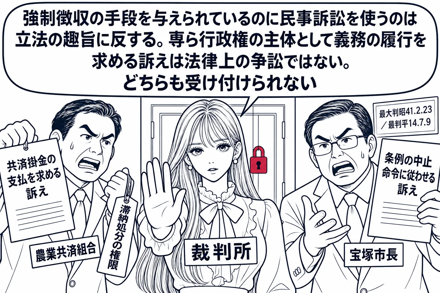 法廷の入口の場面。先生が裁判官役（札「裁判所」）で扉の前に立ち、左から農業共済組合の男性（札「農業共済組合」）が「共済掛金の支払を求める訴え」と書いた訴状を持って来ているが、その手には「滞納処分の権限」と書いた札も付いている。右から市長の男