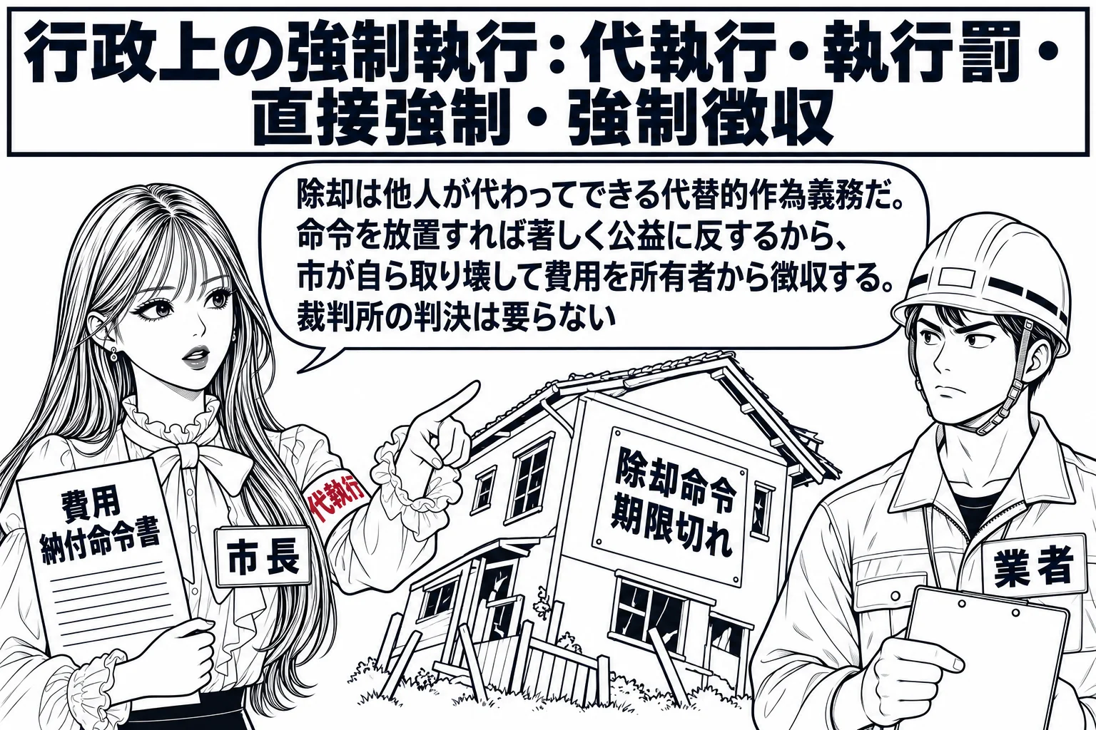 傾いた空き家の前の場面。先生が市長役（札「市長」）で「代執行」と書いた腕章を付け、解体業者の男性（札「業者」）に指示を出している。空き家の壁に「除却命令 期限切れ」の紙。先生の手に「費用 納付命令書」と書いた書類。先生の吹き出し「除却は他人