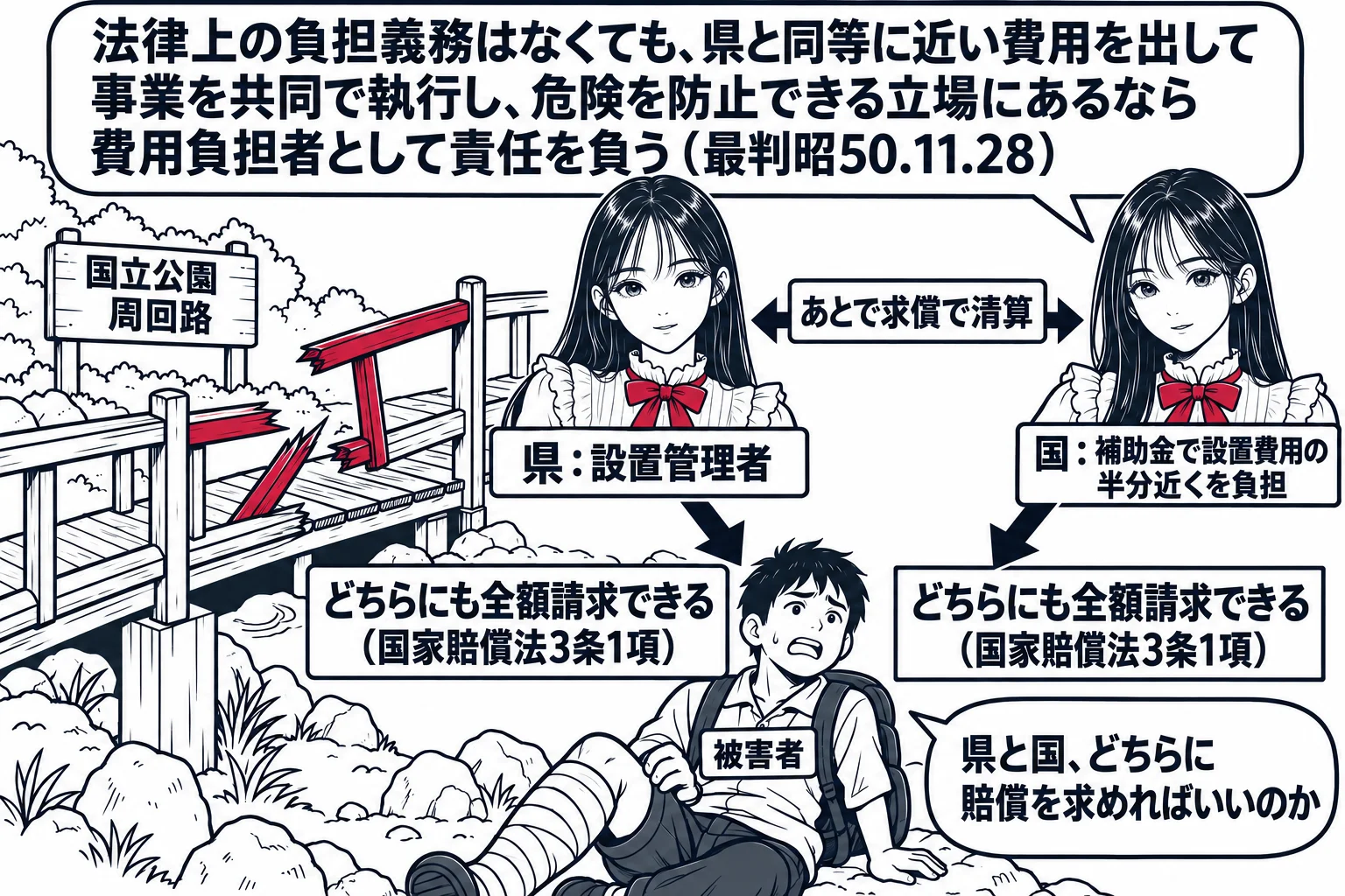 国立公園の周回路のかけ橋の場面。橋の手すりが壊れていて、転落してけがをした観光客の男性（札「被害者」）が下で座り込み、吹き出し「県と国、どちらに賠償を求めればいいのか」。橋のたもとに先生が二人分描かれ、左の先生は県知事役（札「県：設置管理者