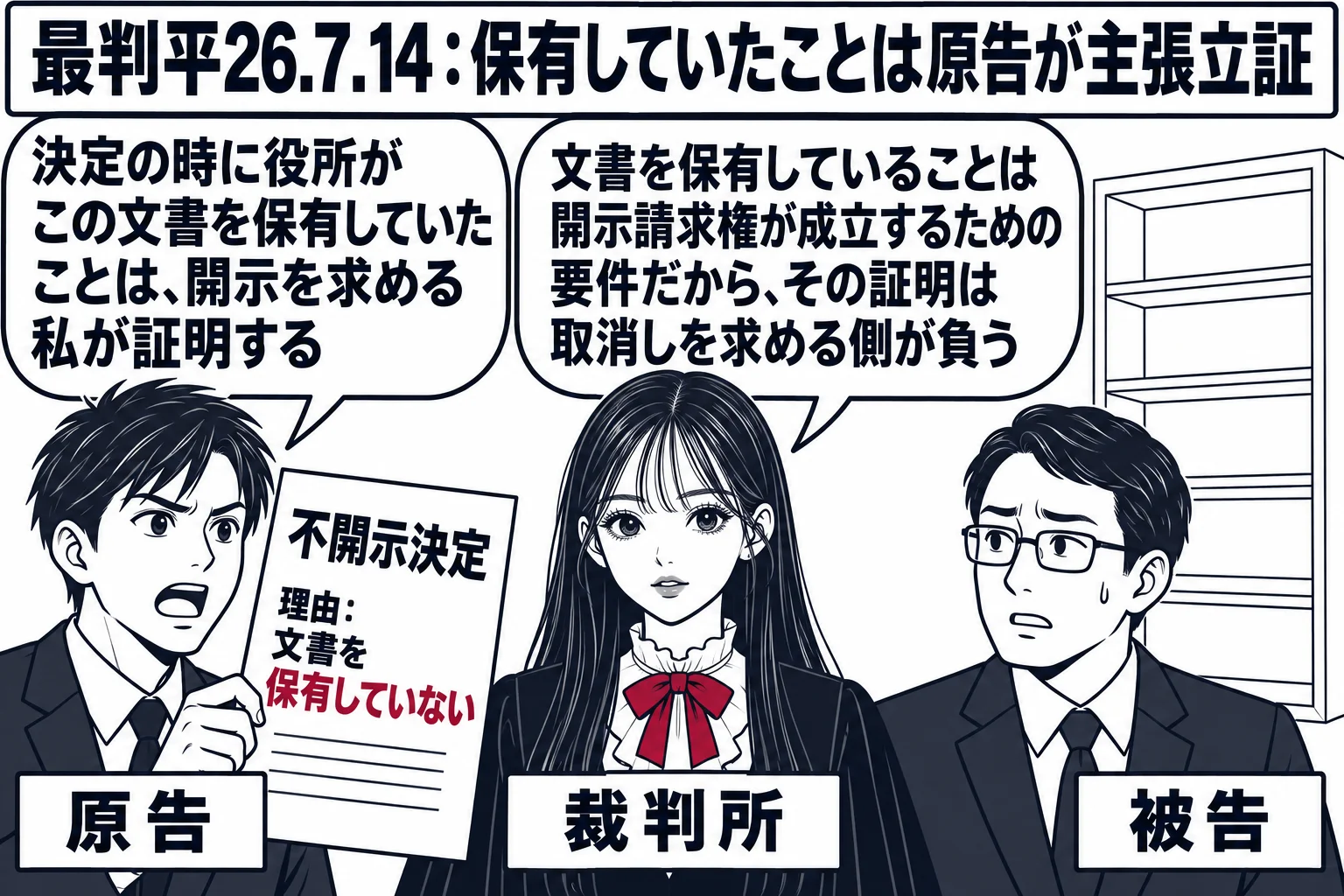 情報公開の訴訟の法廷の場面。先生が裁判官役（札「裁判所」）。左に開示請求者の男性（札「原告」）が「不開示決定　理由：文書を保有していない」と書かれた通知を持ち、吹き出し「決定の時に役所がこの文書を保有していたことは、開示を求める私が証明する