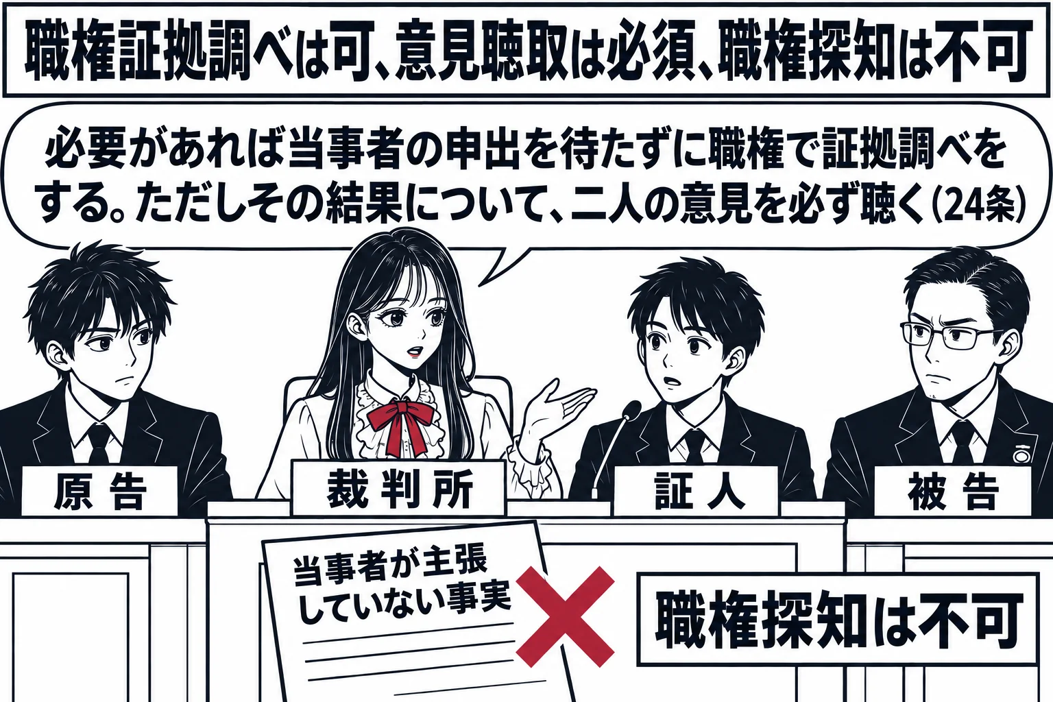 法廷の場面。先生が裁判官役（札「裁判所」）が、自ら証人席の男性（札「証人」）に質問している。左右に原告の男性（札「原告」）と役人の男性（札「被告」）が座り、先生が二人に向けて吹き出し「必要があれば当事者の申出を待たずに職権で証拠調べをする。