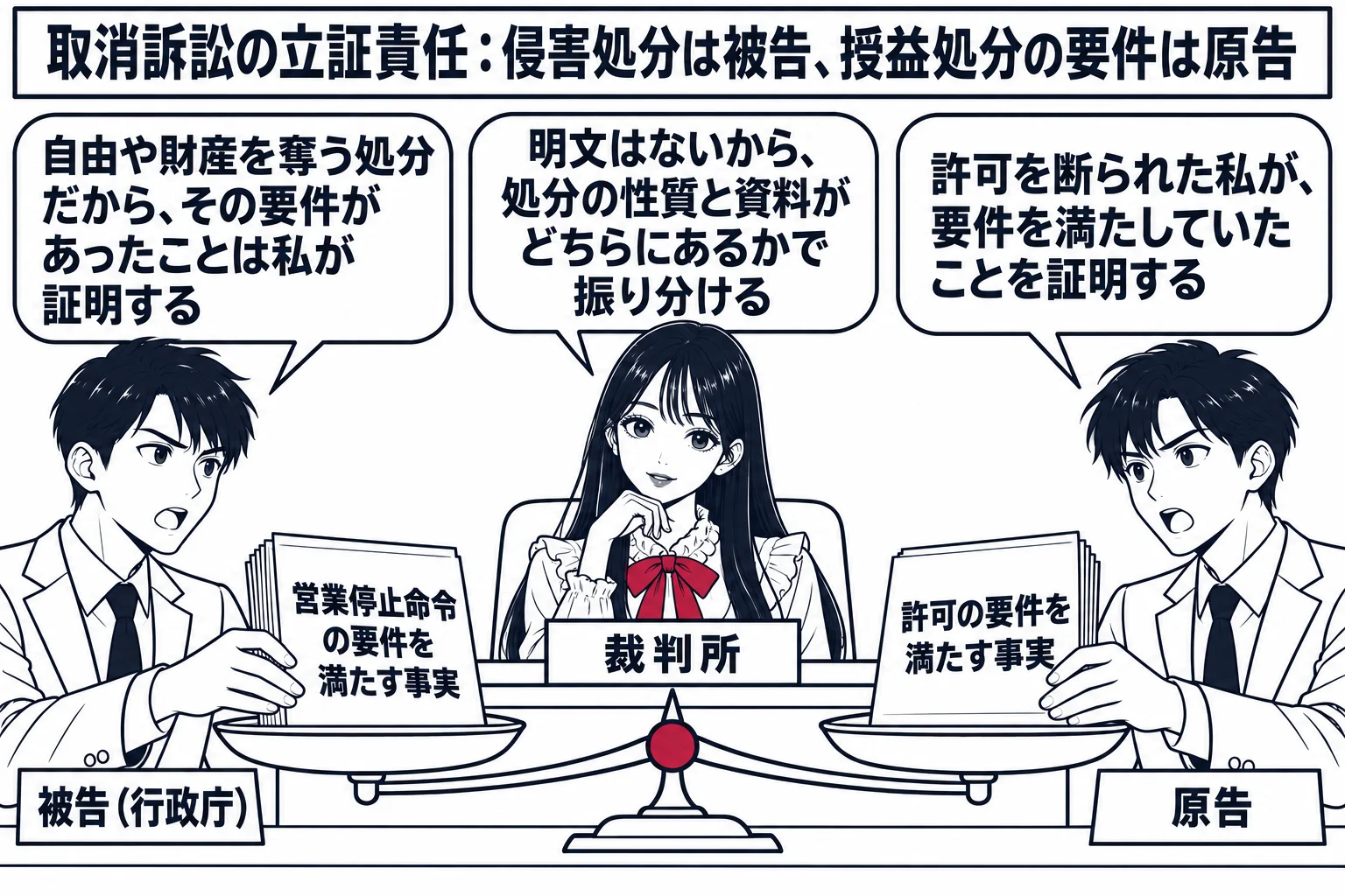 法廷の場面。先生が裁判官役（札「裁判所」）で法壇に座り、左右に天秤のような二つの皿を描く。左の皿の前に役人の男性（札「被告（行政庁）」）が「営業停止命令の要件を満たす事実」と書いた書類の束を載せ、吹き出し「自由や財産を奪う処分だから、その要
