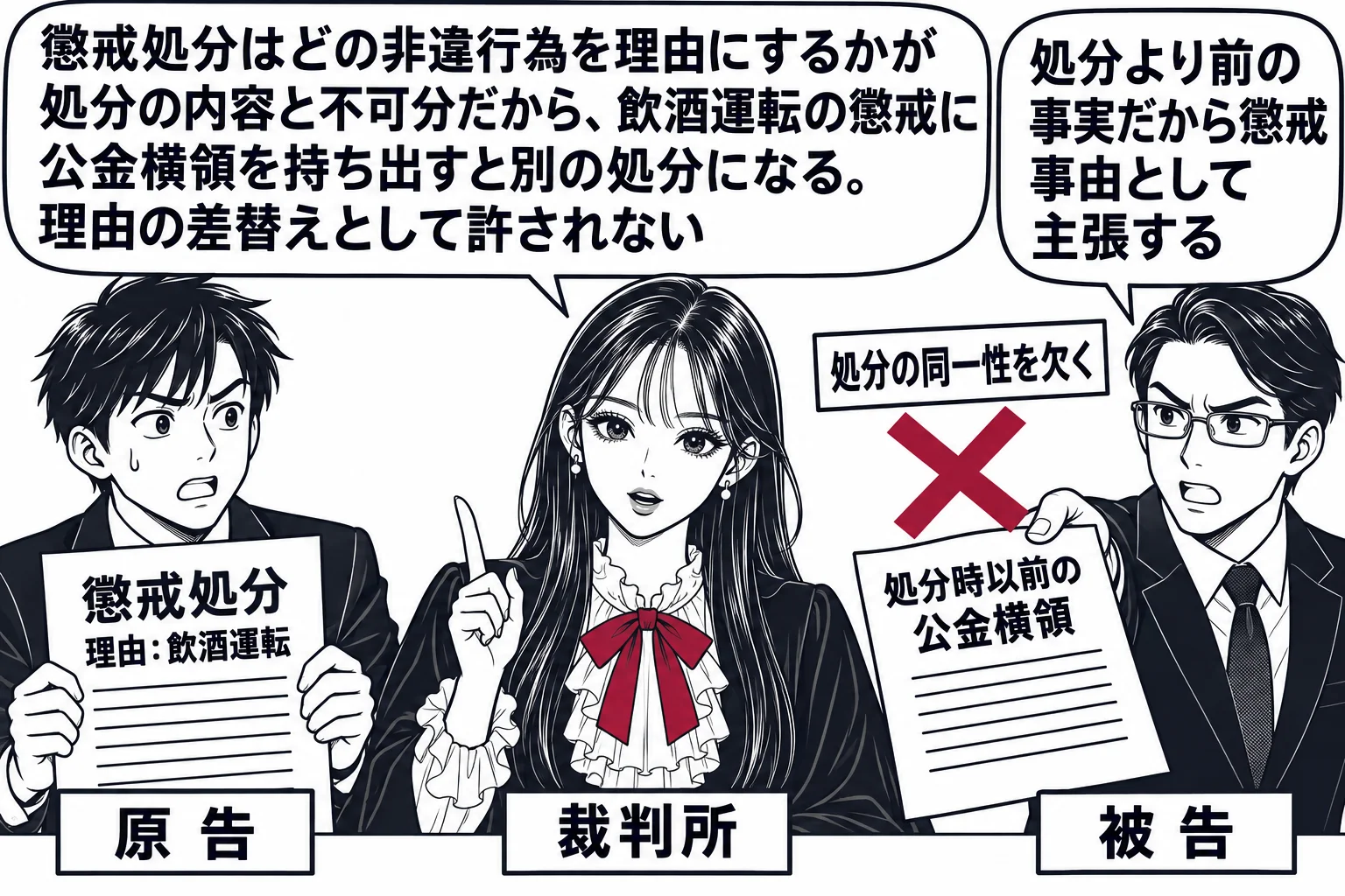 法廷の場面。先生が裁判官役（札「裁判所」）。左に公務員の男性（札「原告」）と「懲戒処分　理由：飲酒運転」の書類。右に役所側の代理人の男性（札「被告」）が「処分時以前の公金横領」と書いた紙を差し出し、吹き出し「処分より前の事実だから懲戒事由と