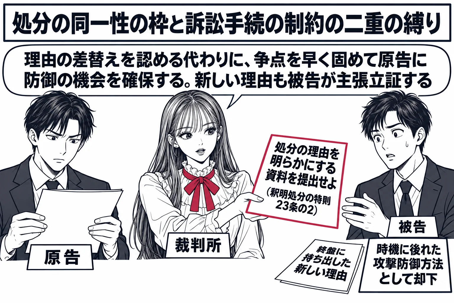 法廷の場面。先生が裁判官役（札「裁判所」）が右側の役所の職員の男性（札「被告」）に向けて「処分の理由を明らかにする資料を提出せよ（釈明処分の特則 23条の2）」と書いた紙を渡し、吹き出し「理由の差替えを認める代わりに、争点を早く固めて原告に