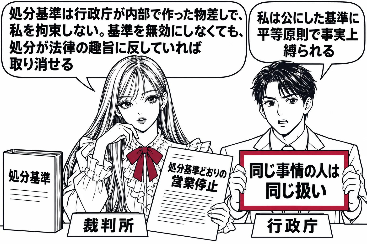 先生が裁判官役（札「裁判所」）。目の前に処分書（札「処分基準どおりの営業停止」）と、脇に「処分基準」と書いた冊子。先生の吹き出し「処分基準は行政庁が内部で作った物差しで、私を拘束しない。基準を無効にしなくても、処分が法律の趣旨に反していれば