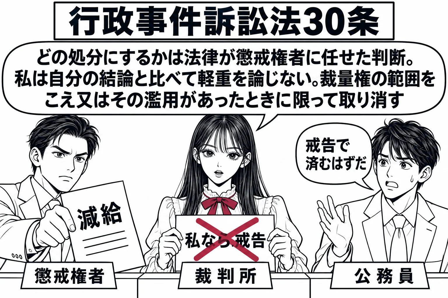 法廷の場面。先生が裁判官役（札「裁判所」）で壇上。左に懲戒権者の男性（札「懲戒権者」）が「減給」と書いた処分書を差し出し、右に公務員の男性（札「公務員」）が吹き出し「戒告で済むはずだ」。先生の手元に「私なら戒告」と書いたメモがあり、その上に