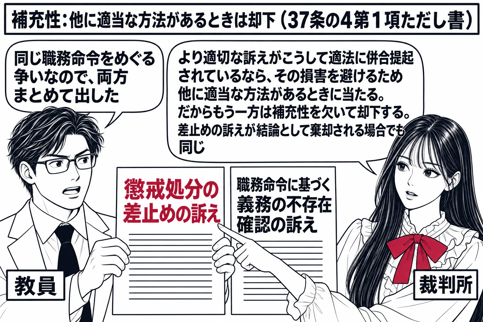 裁判所の法廷の場面。先生が裁判官役（札「裁判所」）。左に教員の男性（札「教員」）が2枚の訴状を並べて差し出し、1枚に「懲戒処分の差止めの訴え」、もう1枚に「職務命令に基づく義務の不存在確認の訴え」と書かれている。教員の吹き出し「同じ職務命令