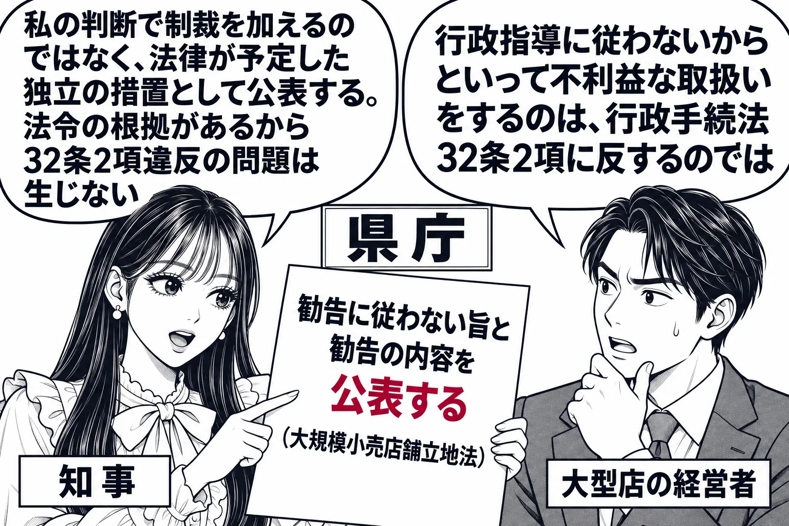 県庁の場面。先生が知事役（札「知事」）で「勧告に従わない旨と勧告の内容を公表する（大規模小売店舗立地法）」と書いた法律の条文の紙を掲げ、向かいに大型店の経営者の男性（札「大型店の経営者」）が立っている。男性の吹き出し「行政指導に従わないから