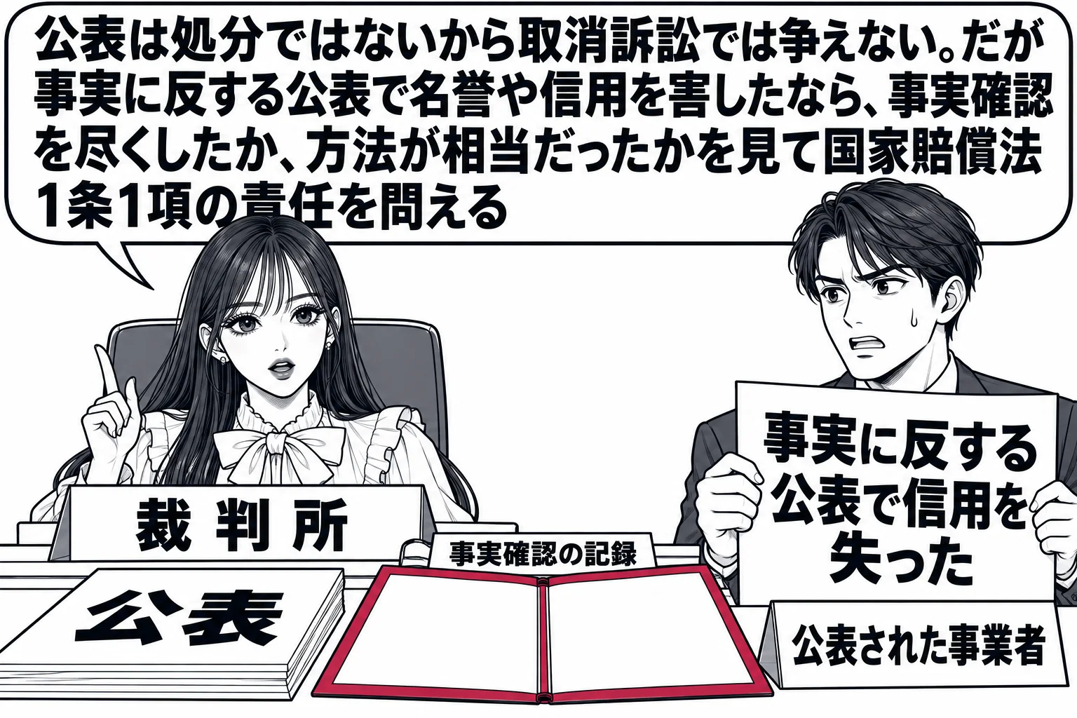 法廷の場面。先生が裁判官役（札「裁判所」）で法壇に座り、前に事業者の男性（札「公表された事業者」）が「事実に反する公表で信用を失った」と書いた訴状を持って立っている。机の上に「公表」と書いた紙と「事実確認の記録」と書いた空のファイル。先生の