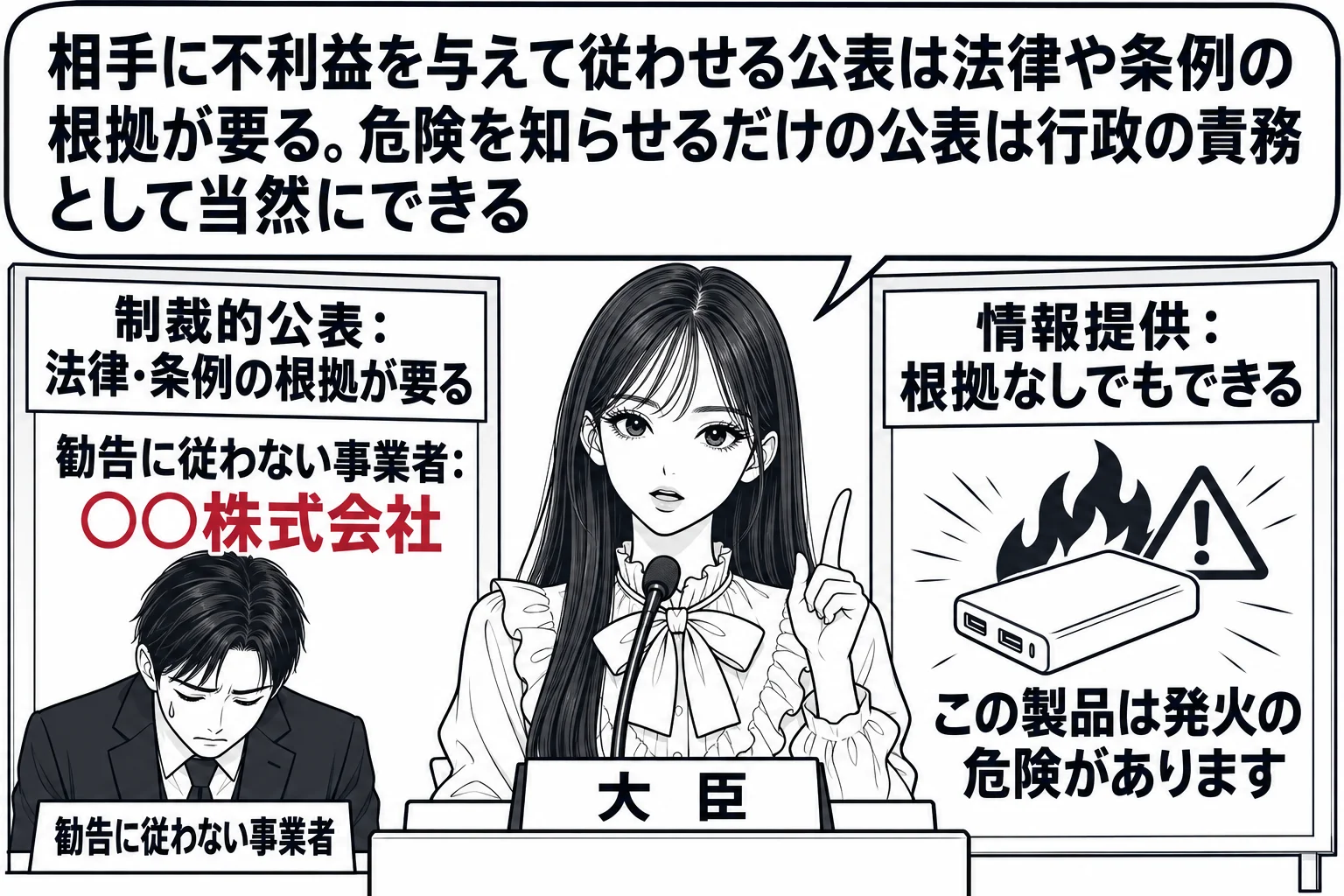 役所の記者発表の場面。先生が大臣役（札「大臣」）で演台に立ち、左右に二枚の掲示。左の掲示「勧告に従わない事業者：○○株式会社」の前に業者の男性（札「勧告に従わない事業者」）がうつむいて立ち、掲示の上に札「制裁的公表：法律・条例の根拠が要る」