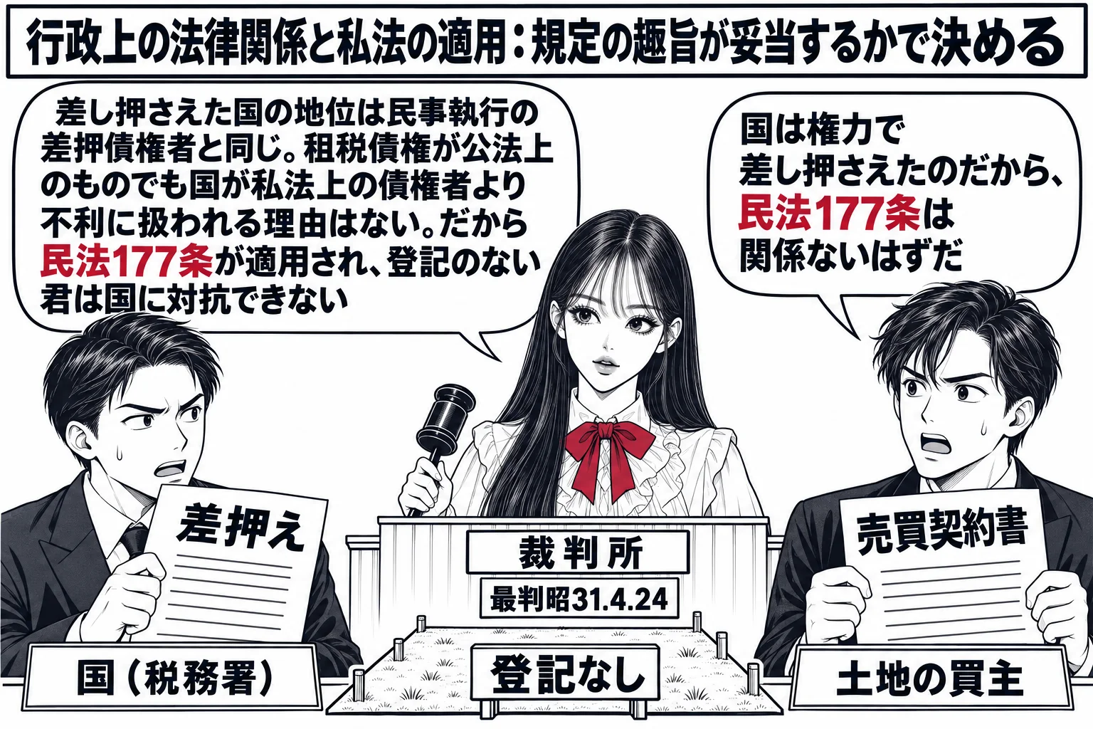 法廷の場面。先生が裁判官役（札「裁判所」）で中央の法壇に座っている。左に徴税職員の男性（札「国（税務署）」）が「差押え」と書かれた紙を持ち、右に土地を買った男性（札「土地の買主」）が「売買契約書」を持って立ち、二人の間に「登記なし」と札の付