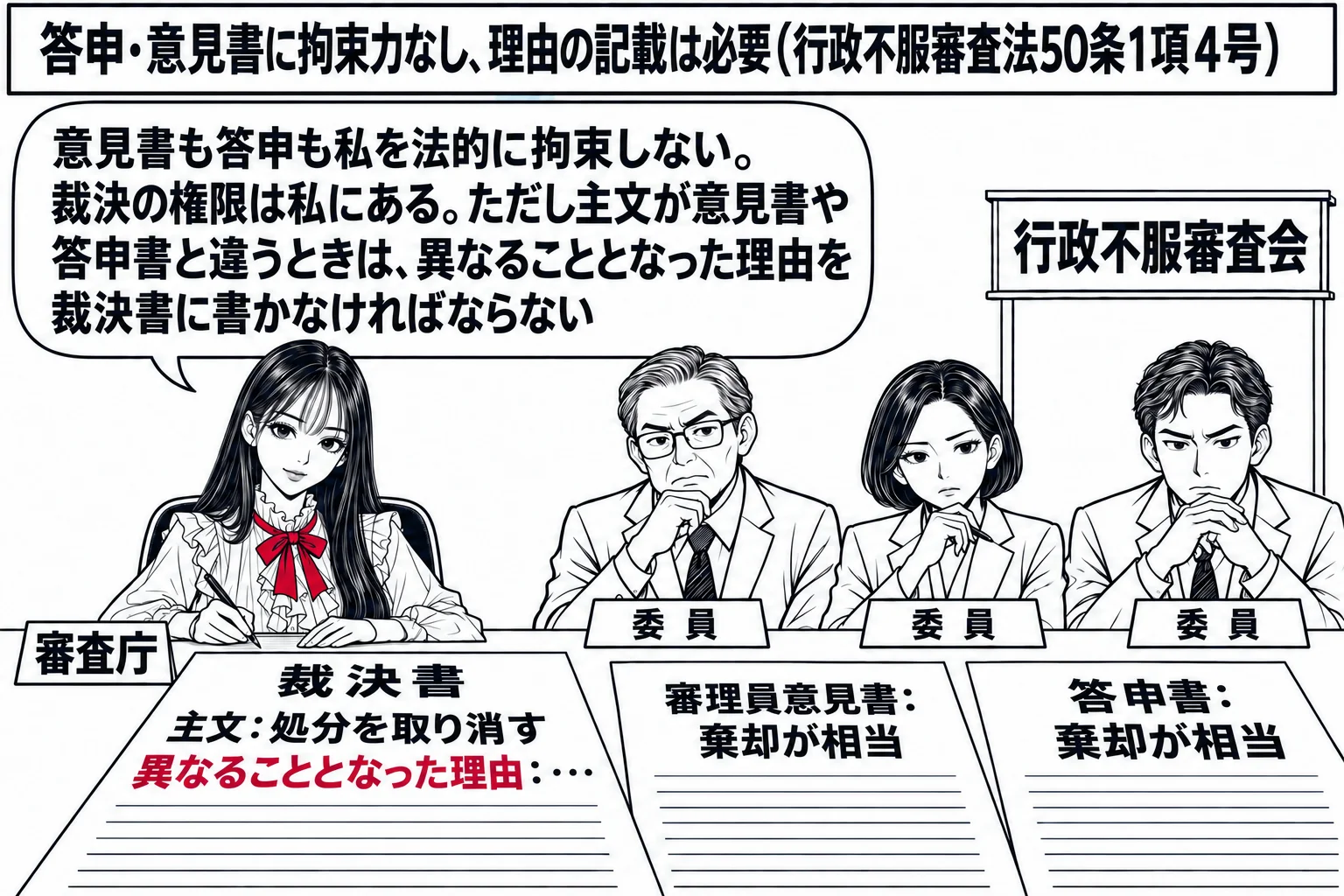 先生が審査庁役（札「審査庁」）で机に着き、「裁決書」を書いている。机の上に「審理員意見書：棄却が相当」と「答申書：棄却が相当」の二枚の紙、先生の書く裁決書には「主文：処分を取り消す」「異なることとなった理由：…」と書かれている。右に三人の委